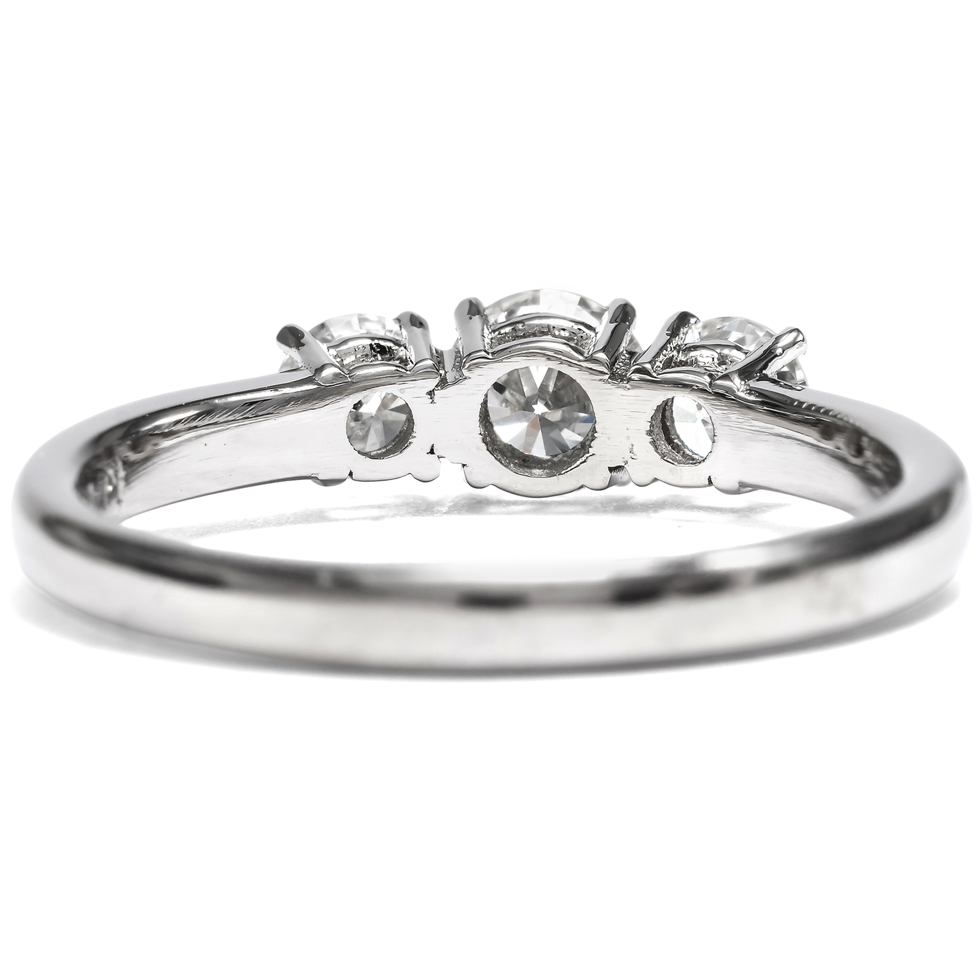 Unworn "Trilogy" Ring with Three Vintage Diamonds in Platinum from Our Workshop Unworn "Trilogy" Ring with Three Vintage Diamonds in Platinum from Our Workshop