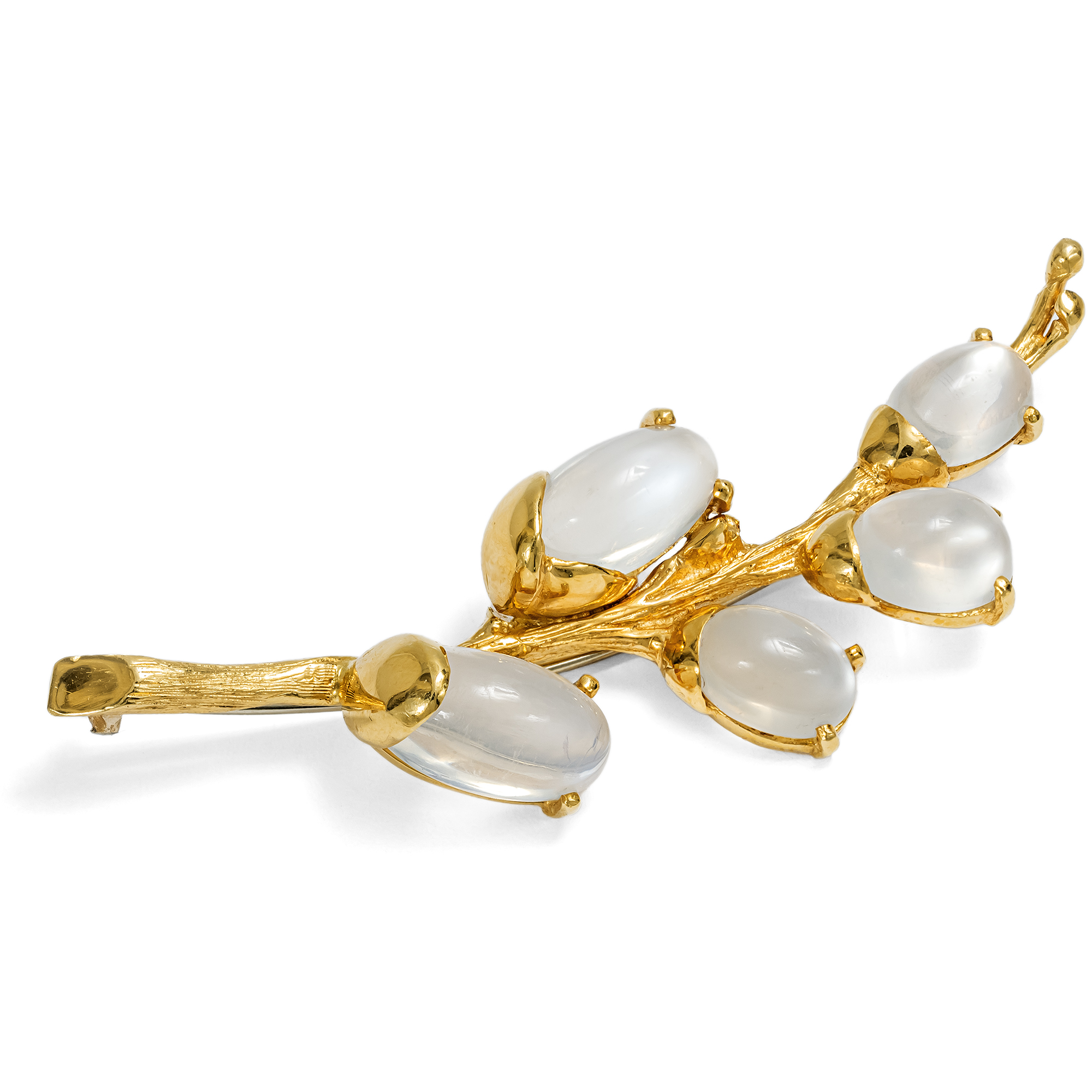 Handmade Gold Brooch with Moonstones, Germany c. 1965 Handmade Gold Brooch with Moonstones, Germany c. 1965