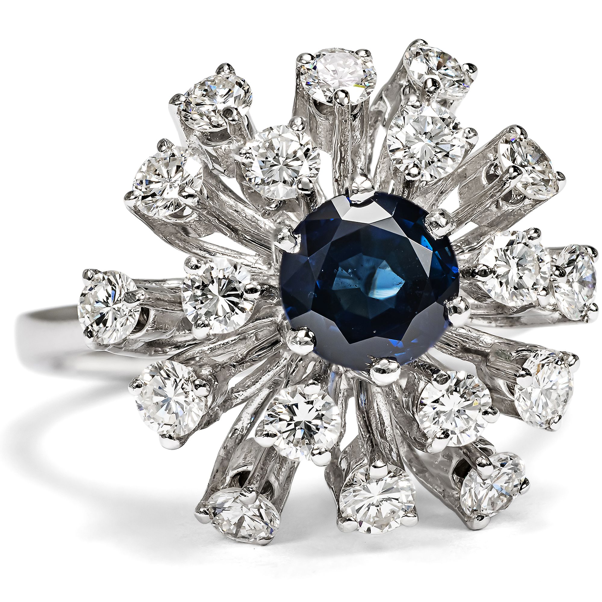 Futuristic Sapphire and Diamond Cluster Ring in White Gold, USA, c. 1970 Futuristic Sapphire and Diamond Cluster Ring in White Gold, USA, c. 1970
