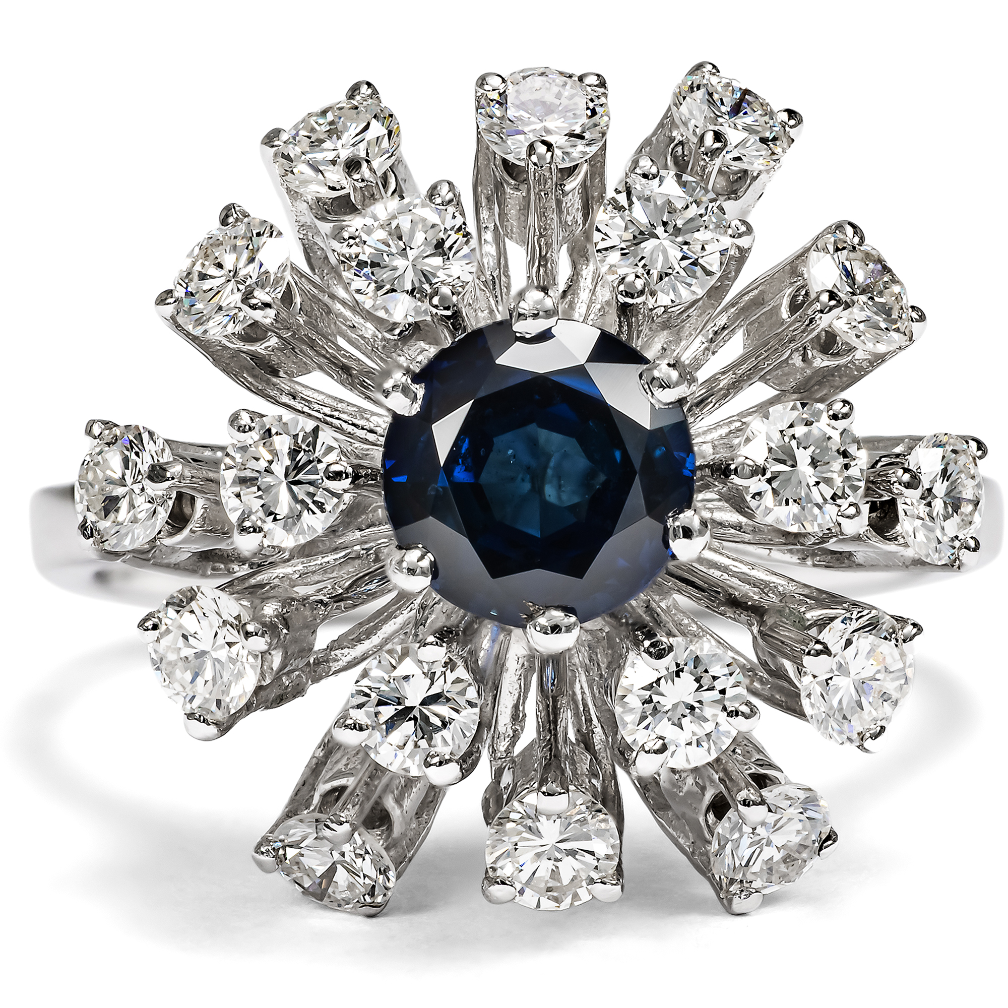 Futuristic Sapphire and Diamond Cluster Ring in White Gold, USA, c. 1970 Futuristic Sapphire and Diamond Cluster Ring in White Gold, USA, c. 1970