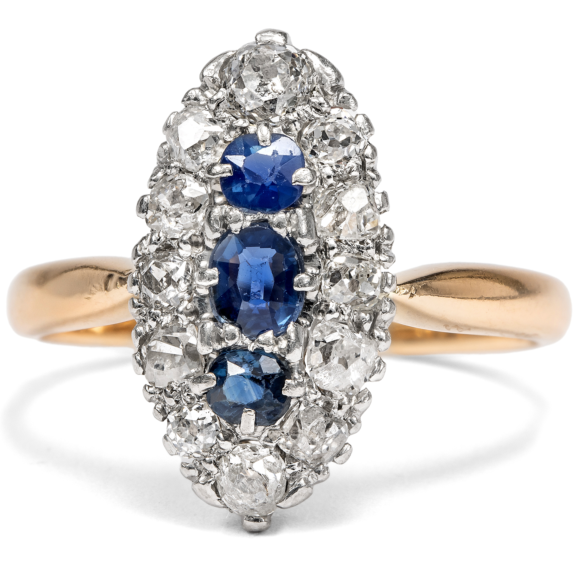 Viktorianischer Schiffchenring aus Gold und Silber mit Diamanten und Saphiren, um 1890 Viktorianischer Schiffchenring aus Gold und Silber mit Diamanten und Saphiren, um 1890