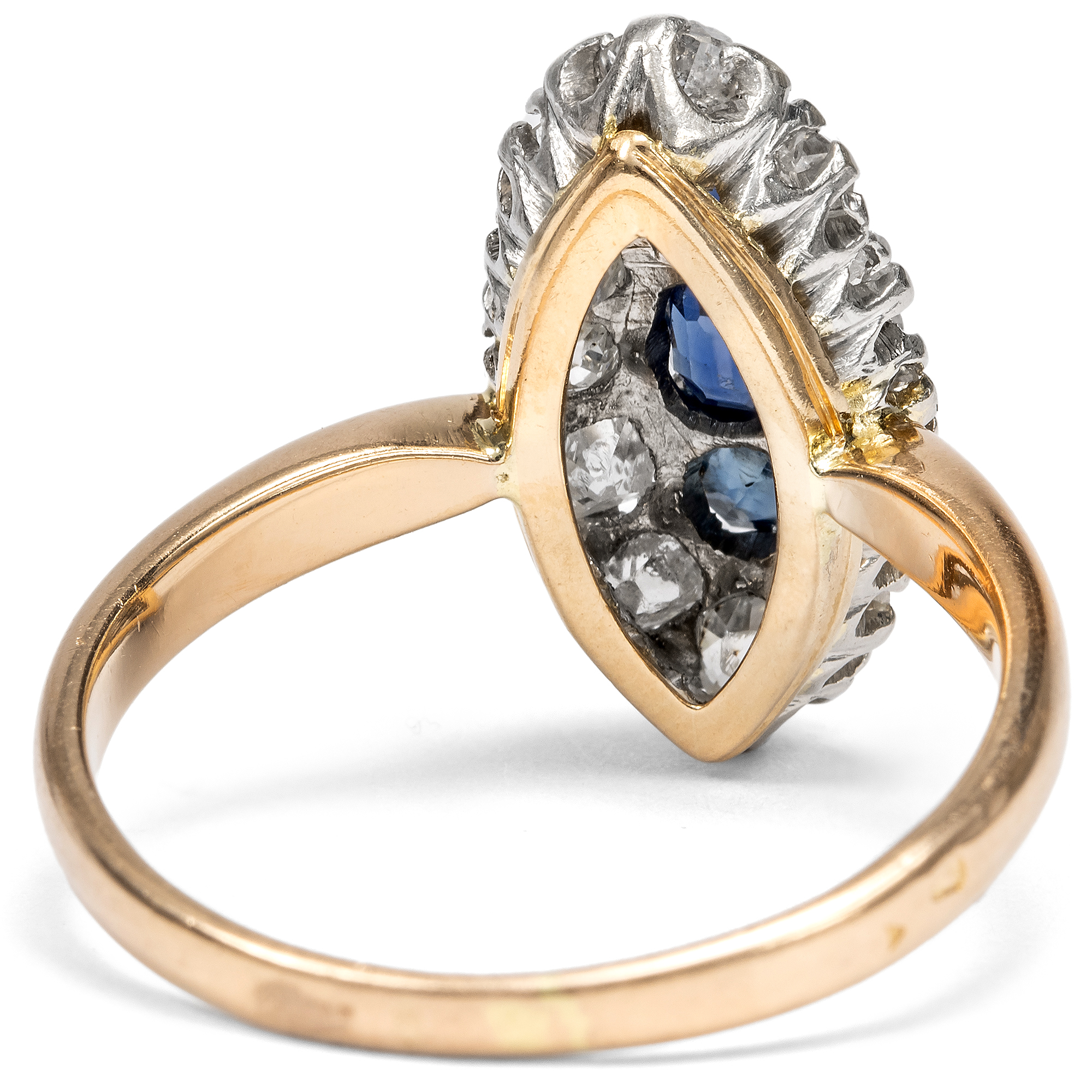 Viktorianischer Schiffchenring aus Gold und Silber mit Diamanten und Saphiren, um 1890 Viktorianischer Schiffchenring aus Gold und Silber mit Diamanten und Saphiren, um 1890