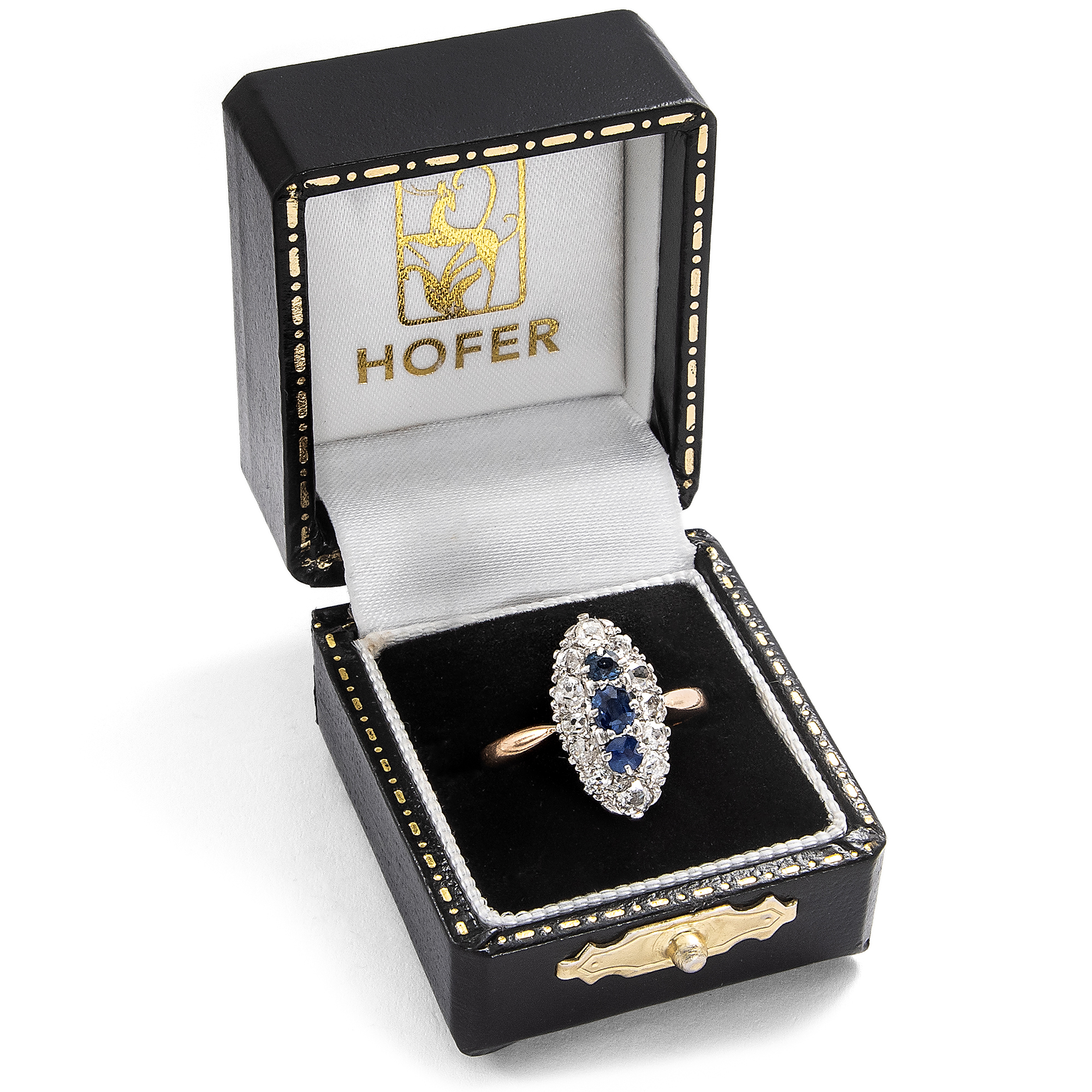 Viktorianischer Schiffchenring aus Gold und Silber mit Diamanten und Saphiren, um 1890 Viktorianischer Schiffchenring aus Gold und Silber mit Diamanten und Saphiren, um 1890