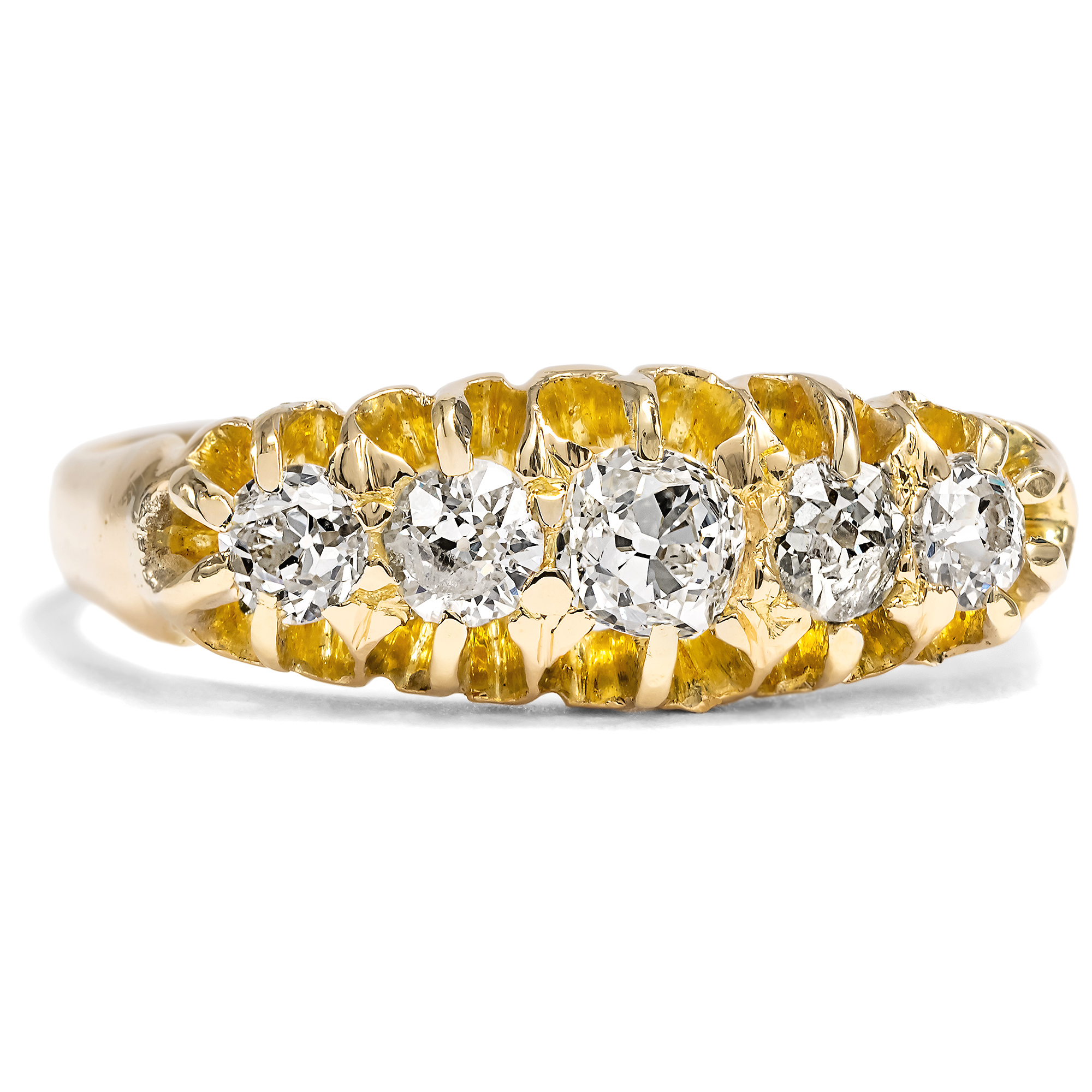 Antique British "Five-Stone Ring" with Diamonds in Gold, Birmingham 1908 Antique British "Five-Stone Ring" with Diamonds in Gold, Birmingham 1908