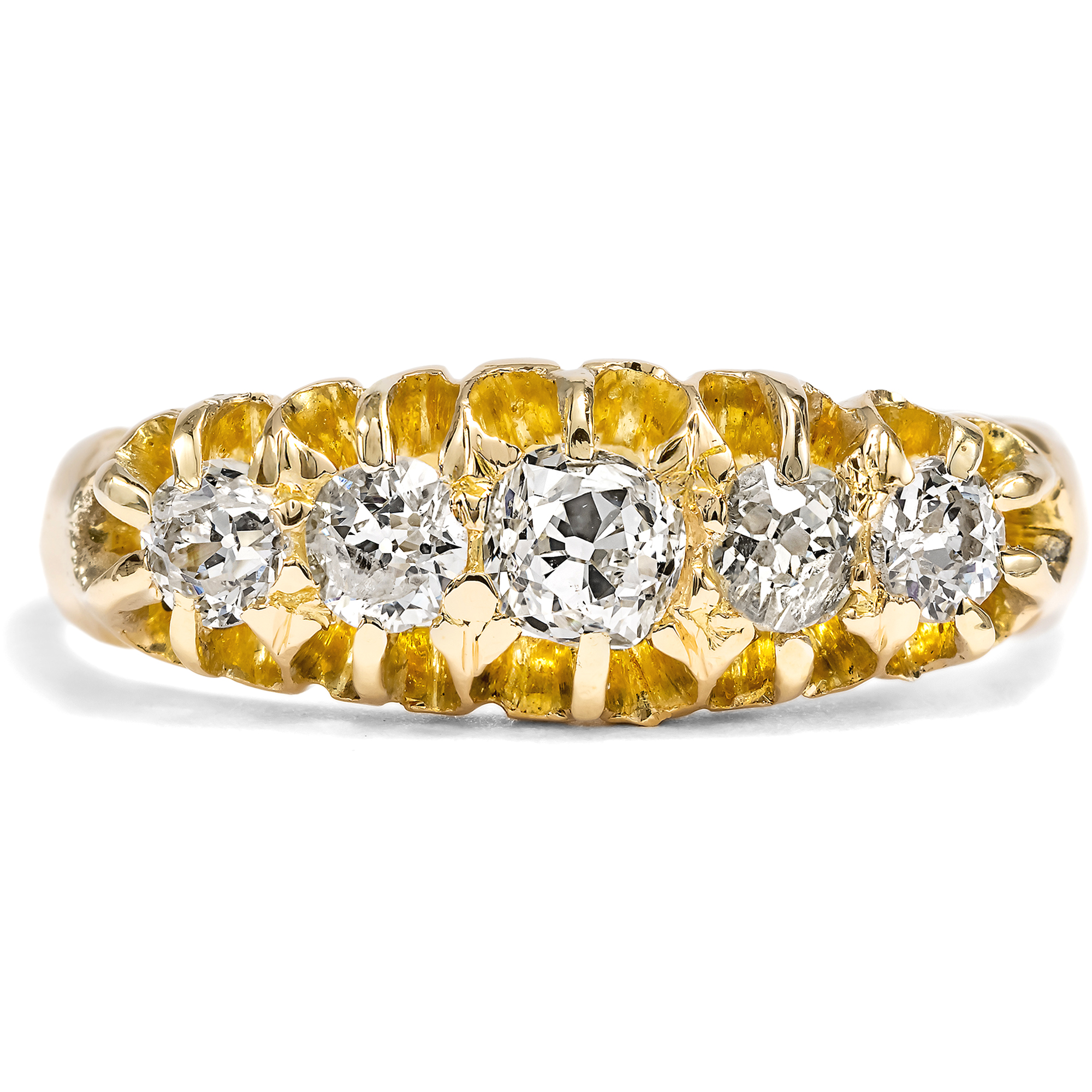 Antique British "Five-Stone Ring" with Diamonds in Gold, Birmingham 1908 Antique British "Five-Stone Ring" with Diamonds in Gold, Birmingham 1908