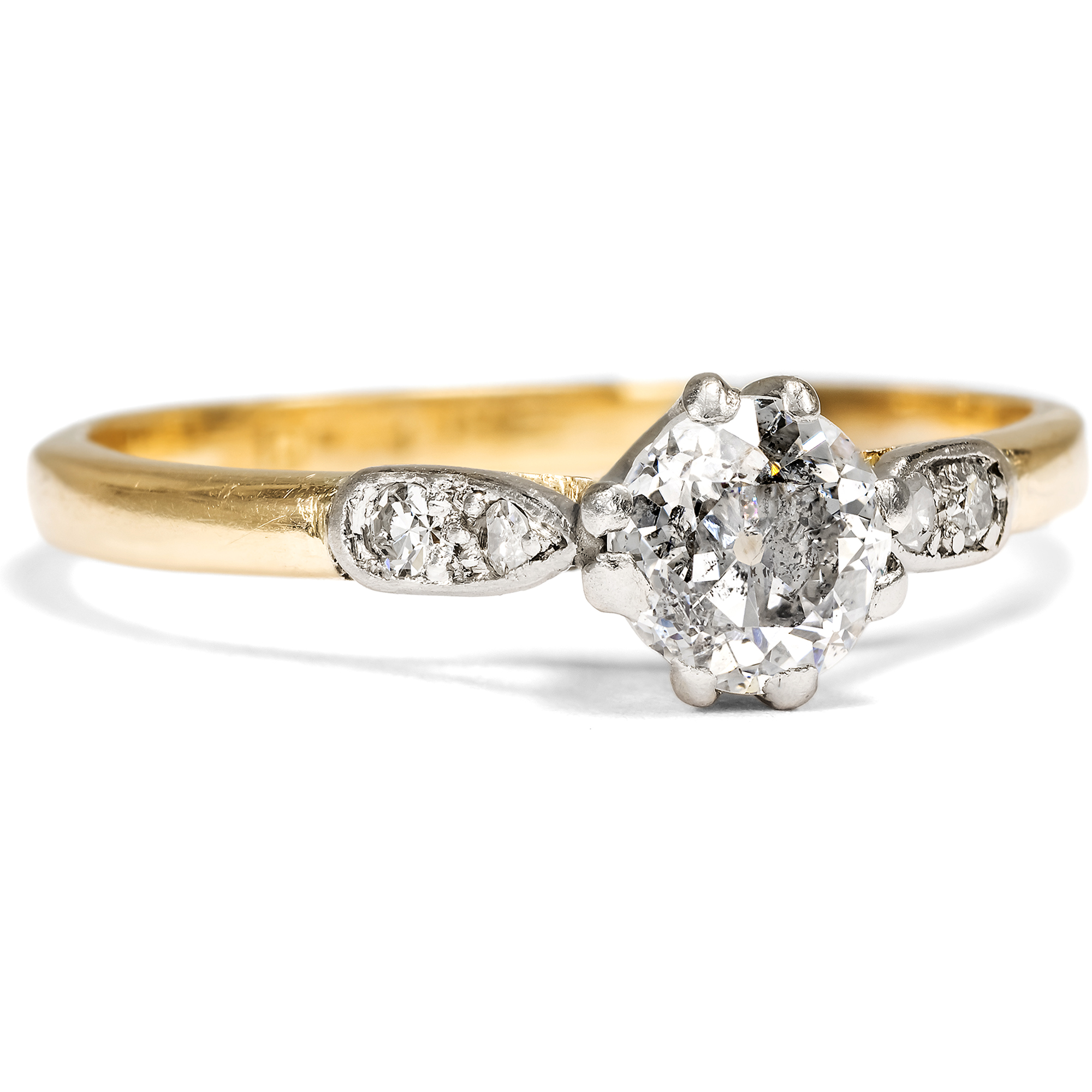 Antiker Ring mit Diamantsolitär im Altschliff in Gold & Platin, England um 1920 Antiker Ring mit Diamantsolitär im Altschliff in Gold & Platin, England um 1920