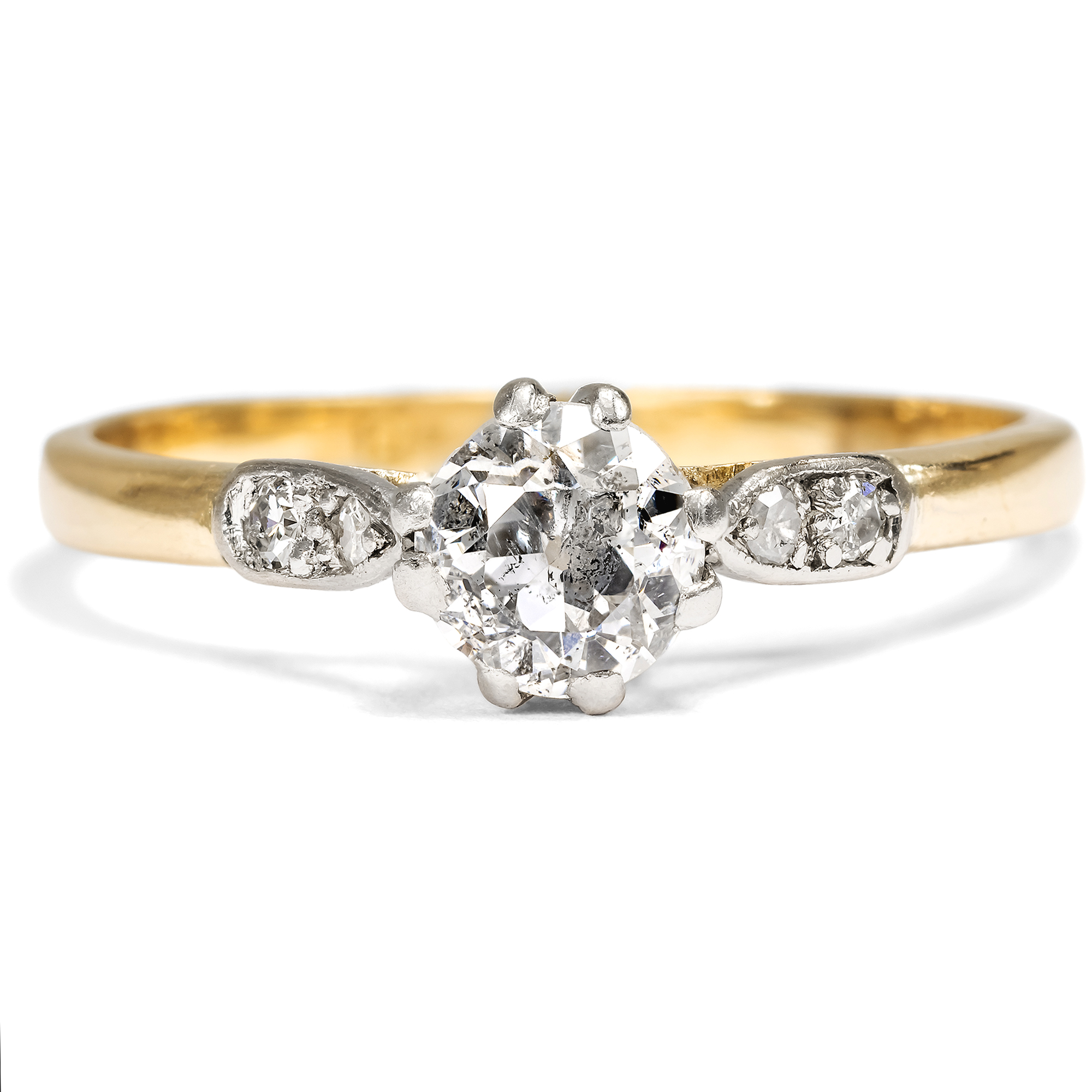 Antiker Ring mit Diamantsolitär im Altschliff in Gold & Platin, England um 1920 Antiker Ring mit Diamantsolitär im Altschliff in Gold & Platin, England um 1920