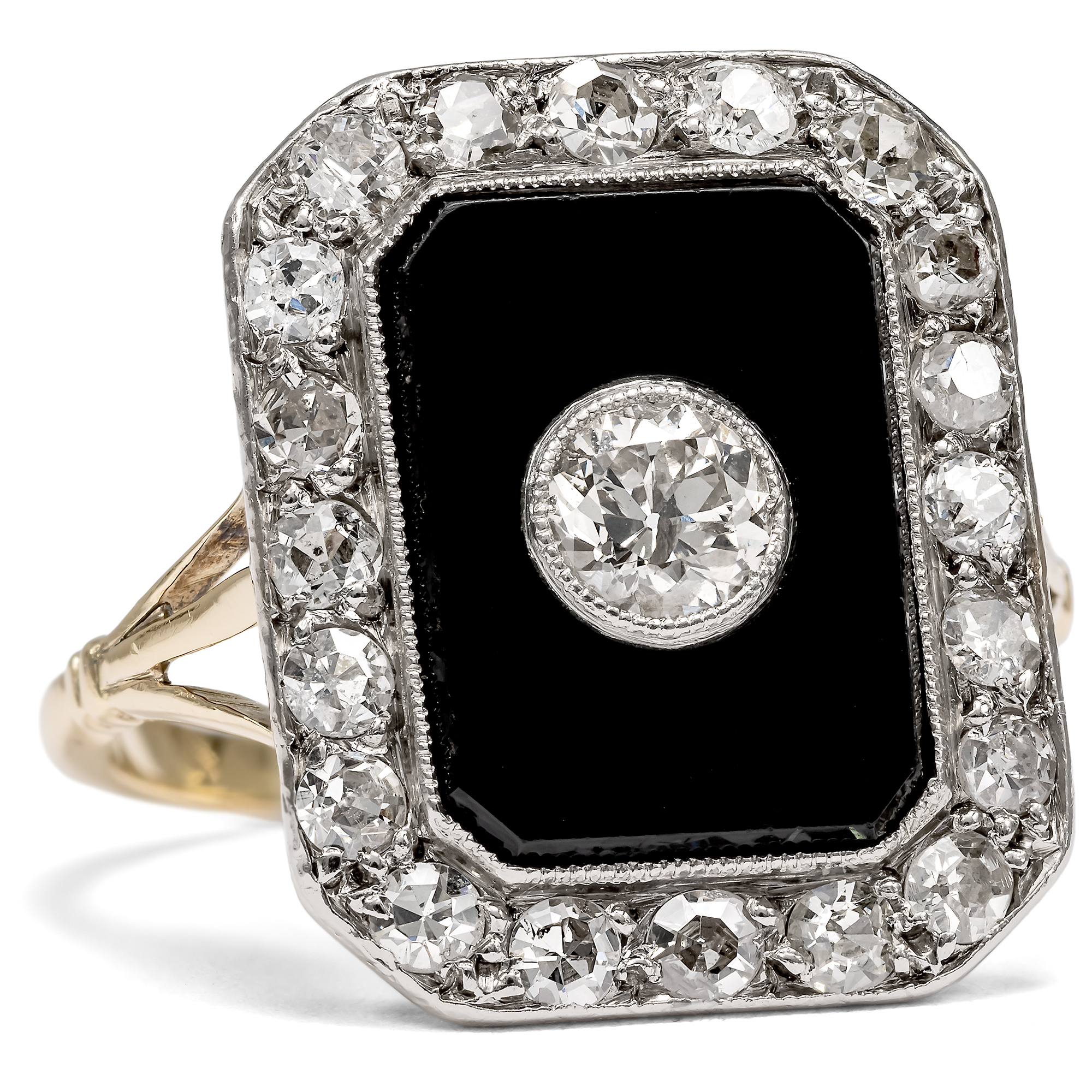 Eleganter Ring mit Onyx & Diamanten in Platin & Gold, um 1925 Eleganter Ring mit Onyx & Diamanten in Platin & Gold, um 1925