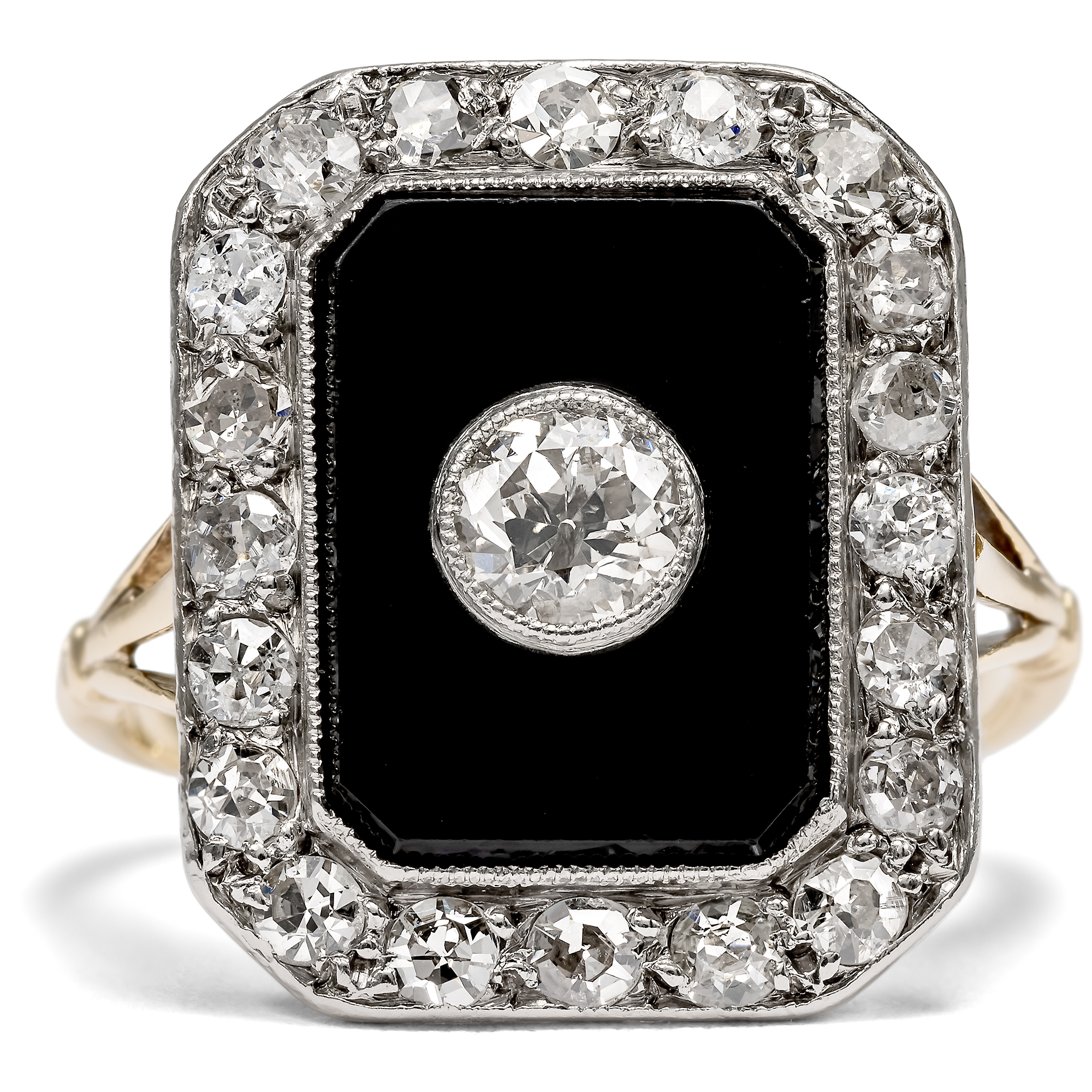 Eleganter Ring mit Onyx & Diamanten in Platin & Gold, um 1925 Eleganter Ring mit Onyx & Diamanten in Platin & Gold, um 1925