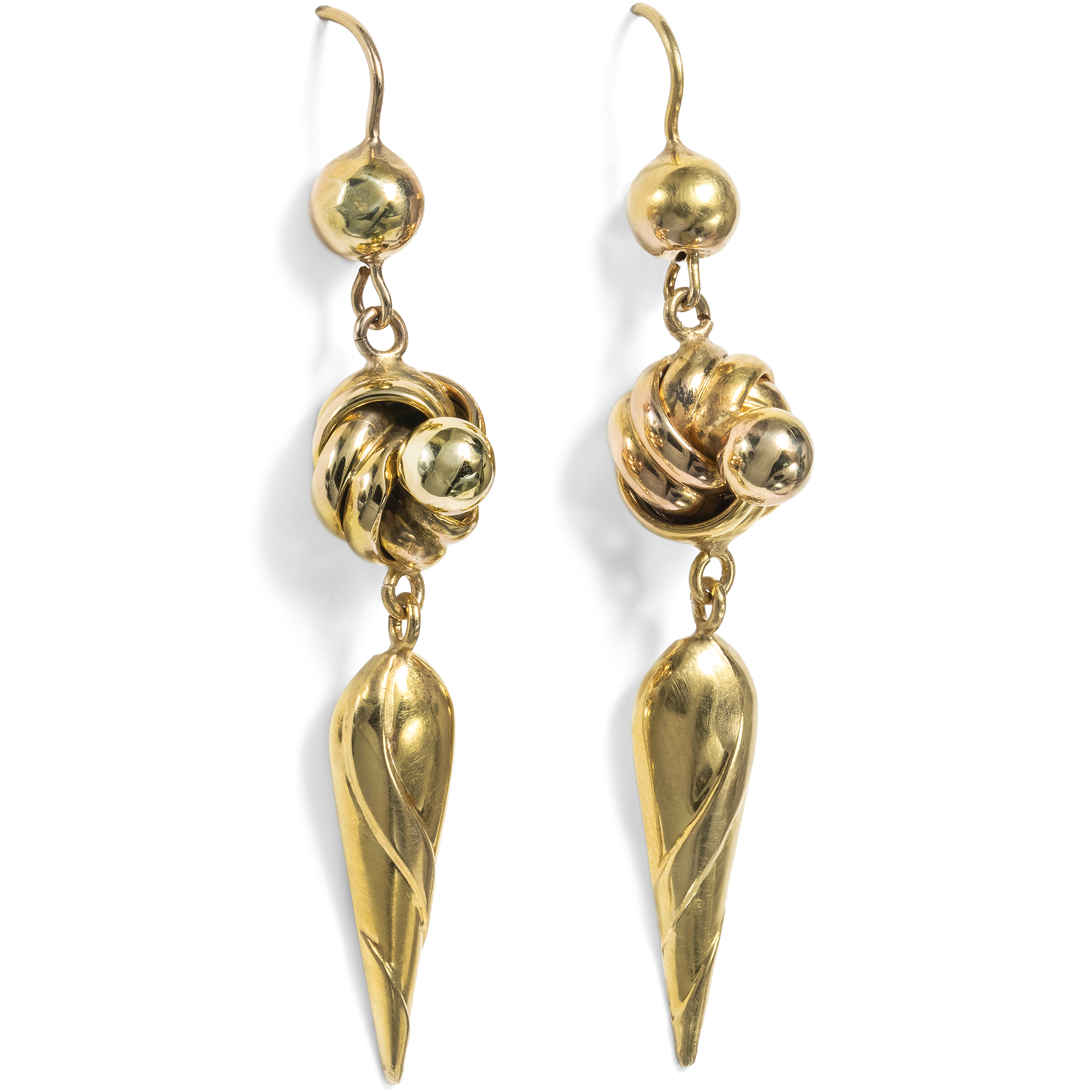 Lange viktorianische Gold-Ohrringe mit Knotenmotiv, um 1900 & später Lange viktorianische Gold-Ohrringe mit Knotenmotiv, um 1900 & später