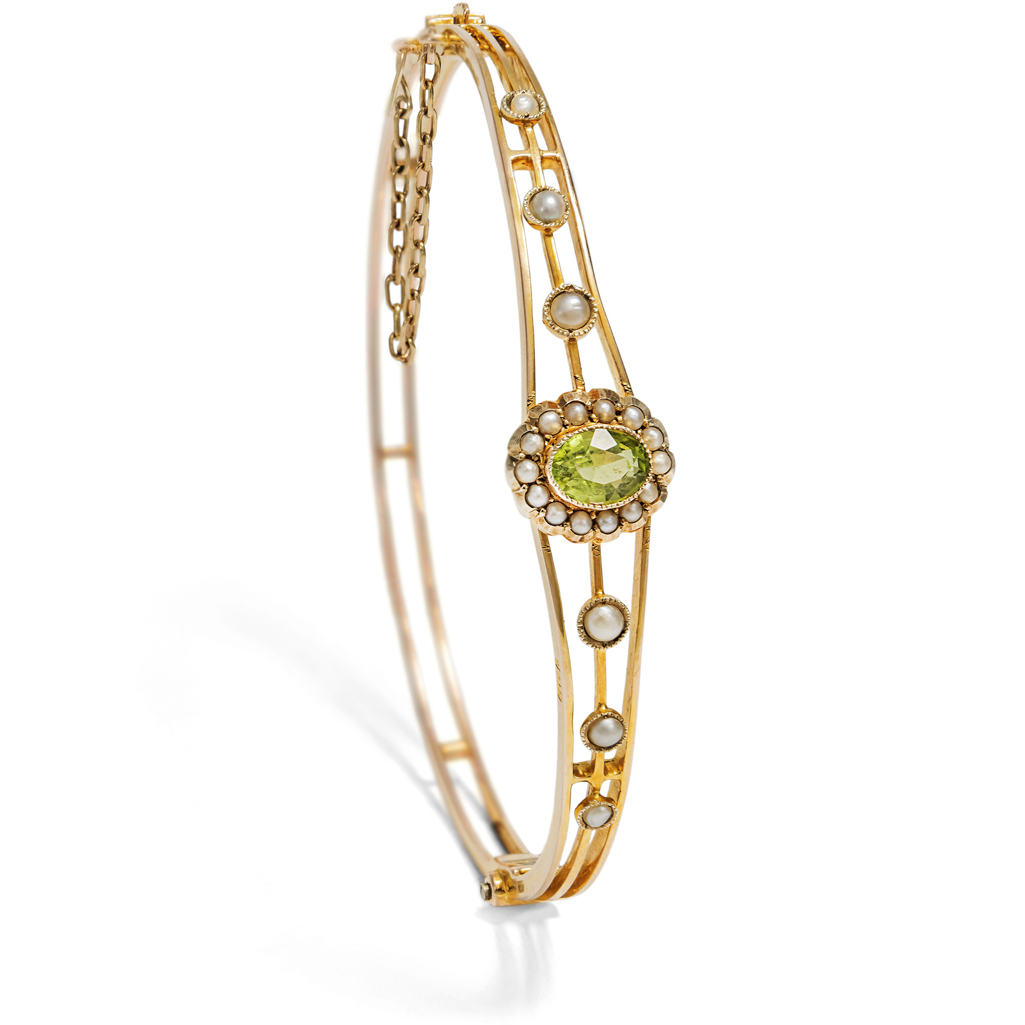 Edwardian Peridot and Pearl Bangle in Gold, c. 1909 Edwardian Peridot and Pearl Bangle in Gold, c. 1909