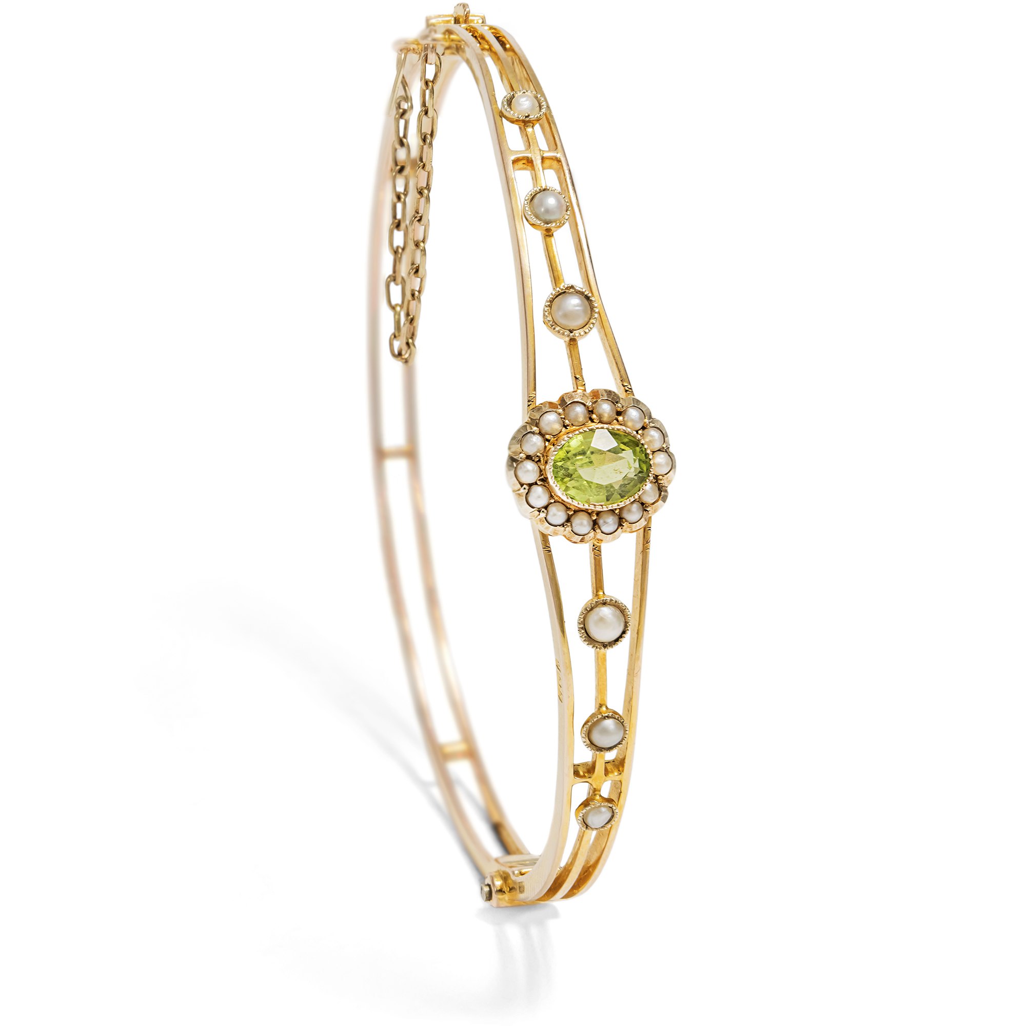 Antiker Armreif mit Peridot & Naturperlen, England 1909 Antiker Armreif mit Peridot & Naturperlen, England 1909