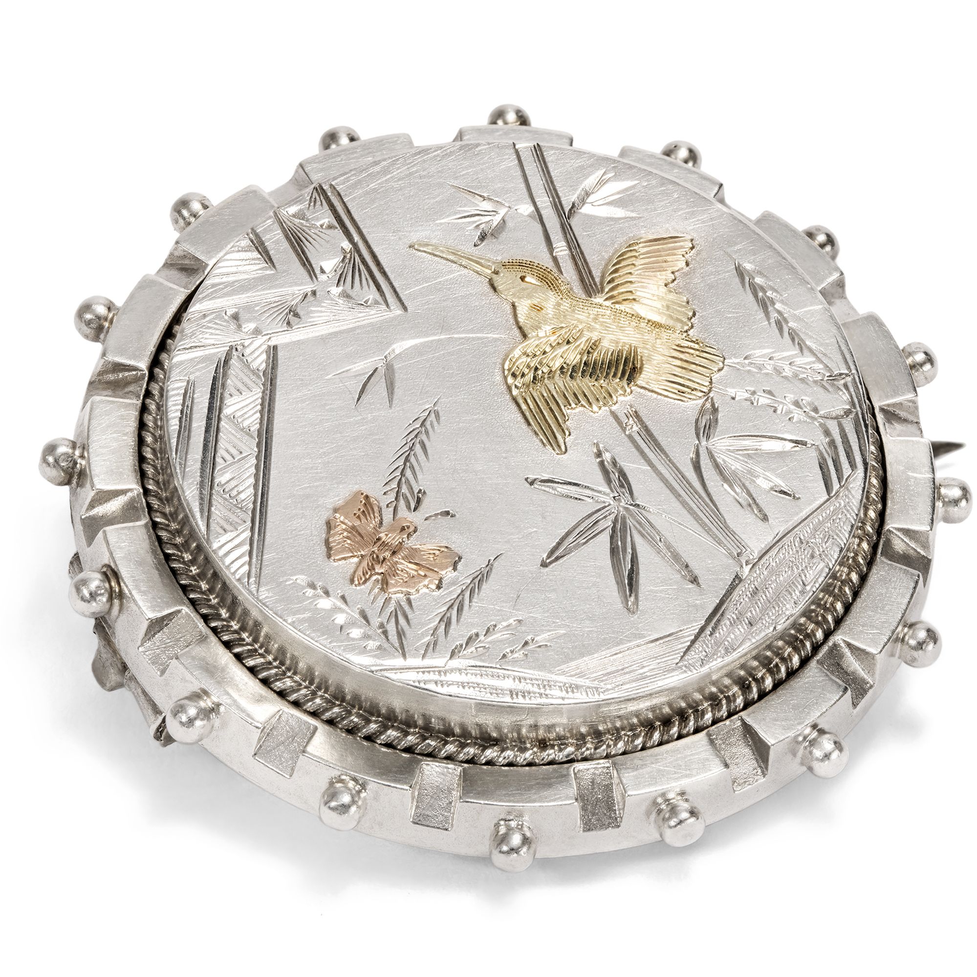 Antike „Aesthetic Movement“-Brosche mit Medaillonfach aus Silber, England um 1880 Antike „Aesthetic Movement“-Brosche mit Medaillonfach aus Silber, England um 1880