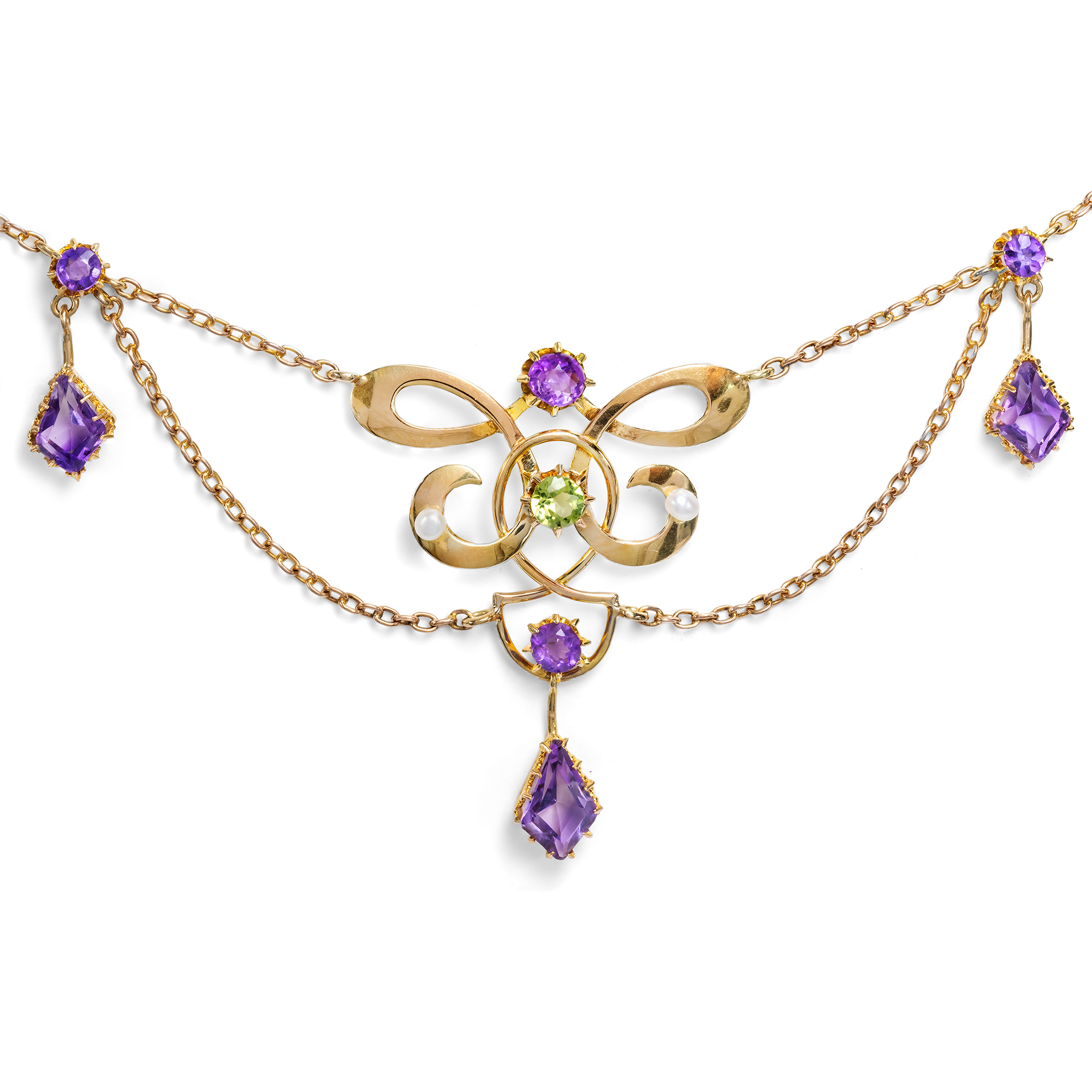 Prachtvolles Collier der Suffragetten mit Amethyst, Peridot & Perlen, England um 1910 Prachtvolles Collier der Suffragetten mit Amethyst, Peridot & Perlen, England um 1910