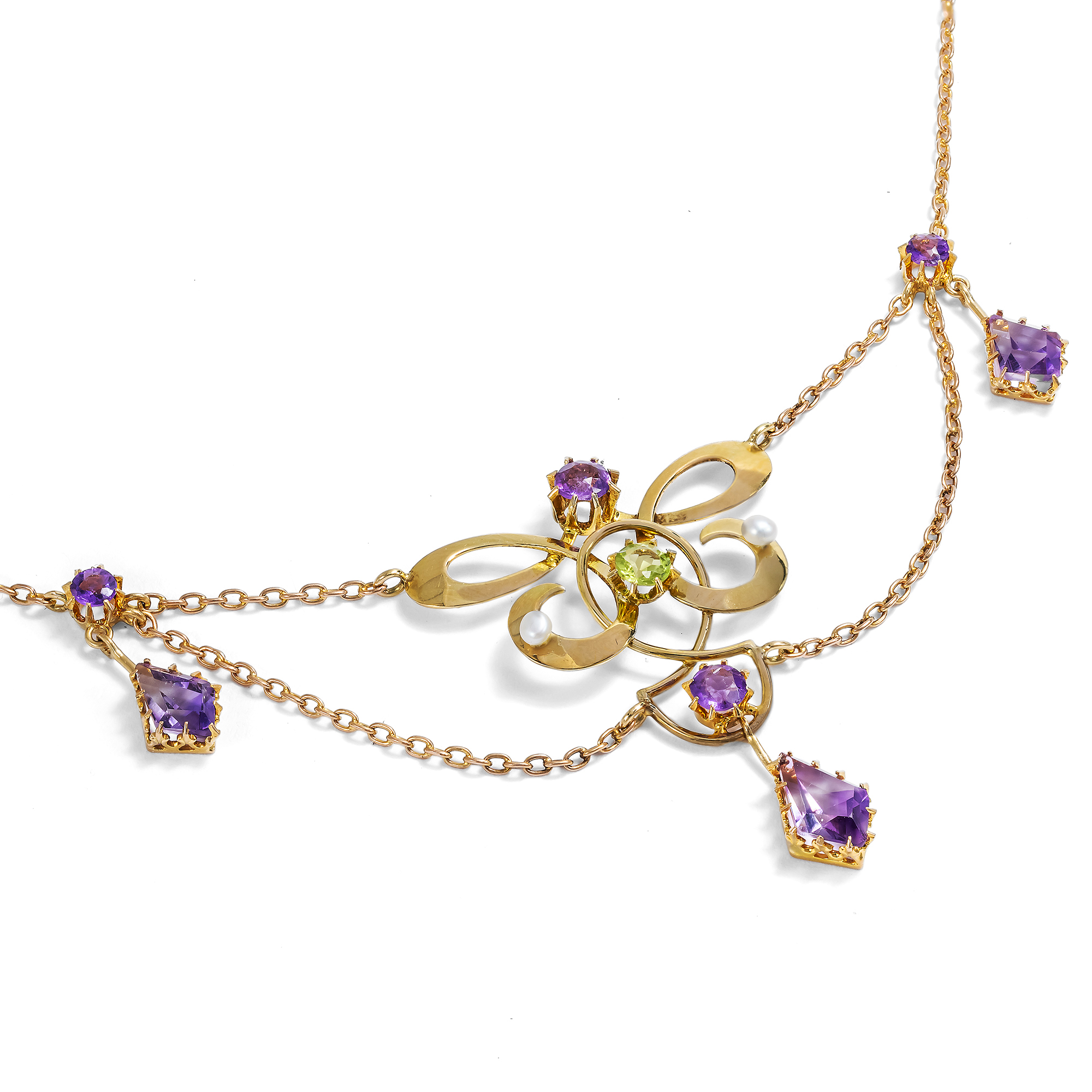Prachtvolles Collier der Suffragetten mit Amethyst, Peridot & Perlen, England um 1910 Prachtvolles Collier der Suffragetten mit Amethyst, Peridot & Perlen, England um 1910