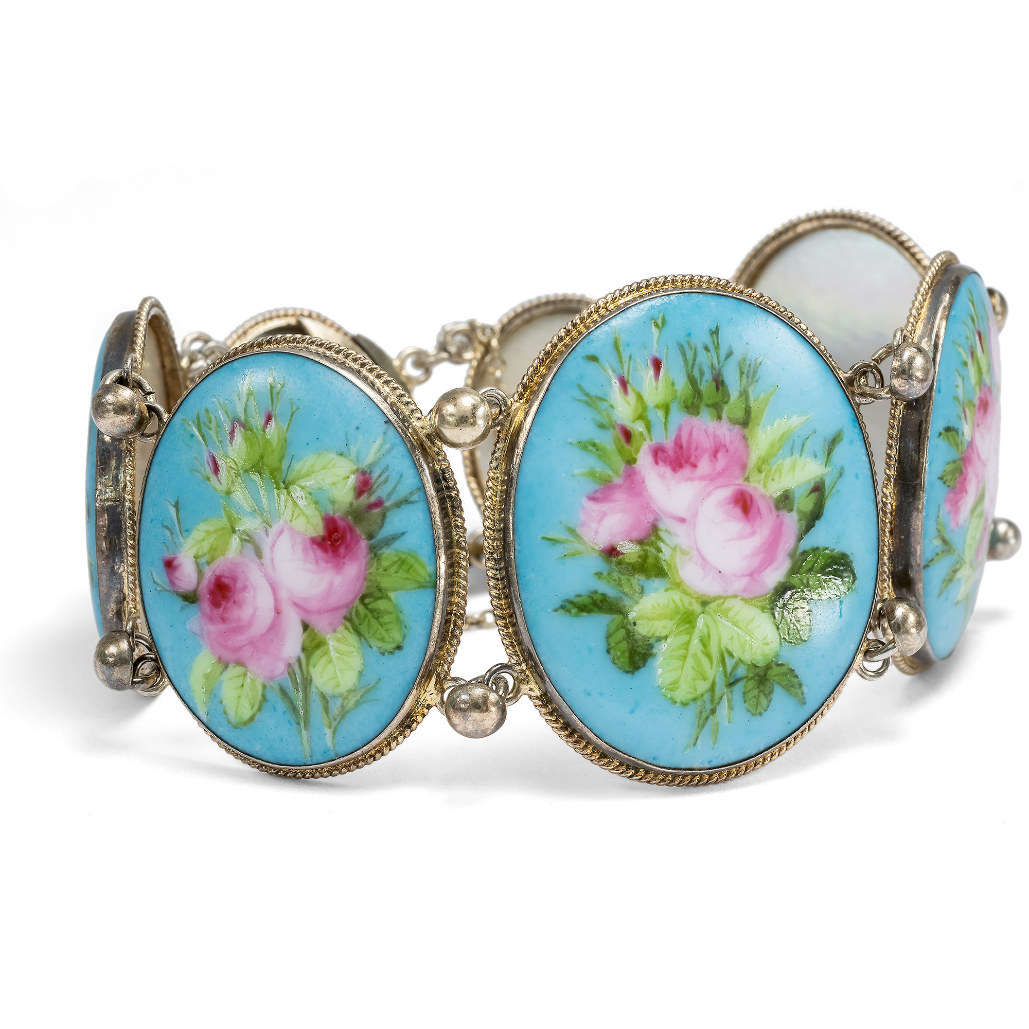 Bezauberndes antikes Armband mit Emailmalerei in Silber, um 1900 Bezauberndes antikes Armband mit Emailmalerei in Silber, um 1900