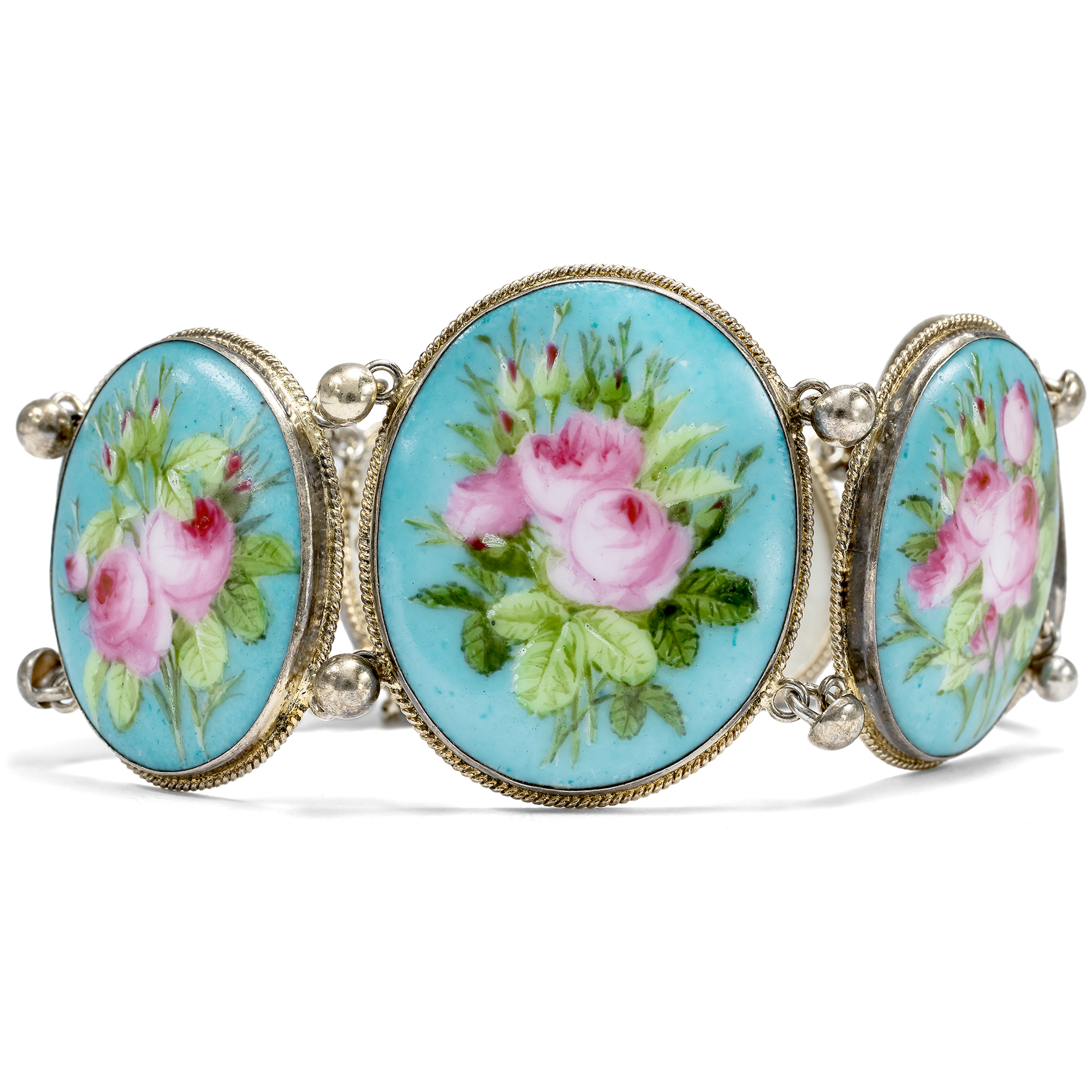 Bezauberndes antikes Armband mit Emailmalerei in Silber, um 1900 Bezauberndes antikes Armband mit Emailmalerei in Silber, um 1900