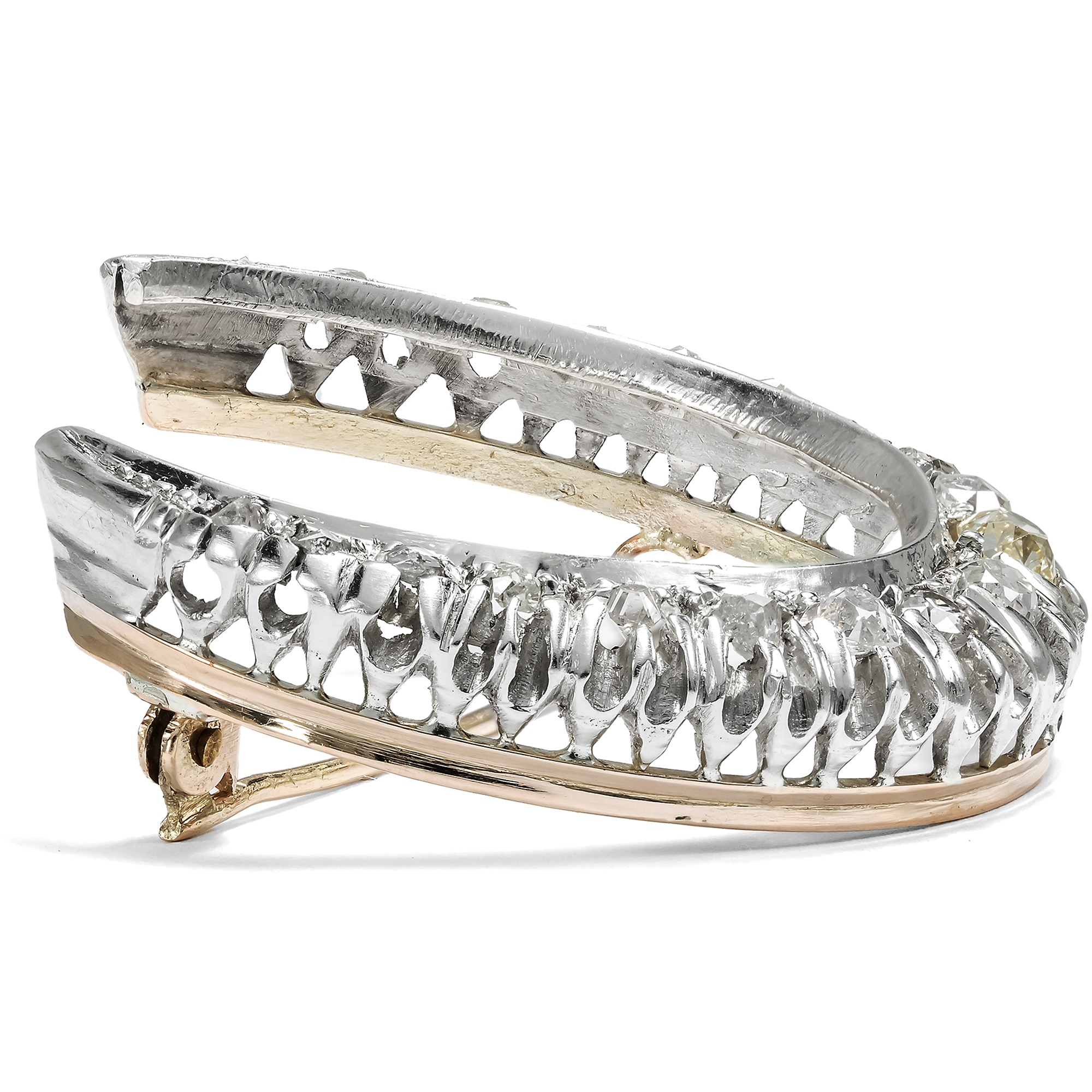 Große antike Brosche mit Diamanten in Gold & Silber, England um 1890 Große antike Brosche mit Diamanten in Gold & Silber, England um 1890