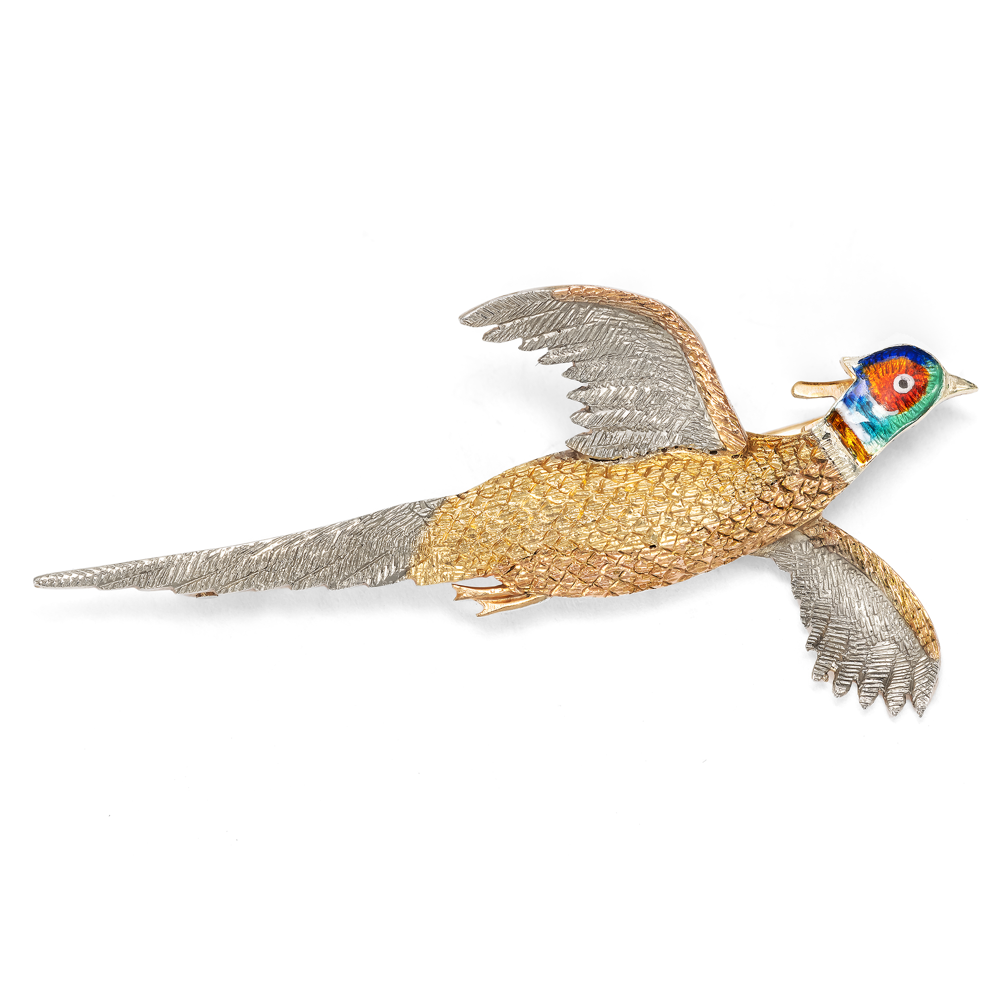 Funny Pheasant Brooch in Tricolor Gold & Enamel, England 1957 Funny Pheasant Brooch in Tricolor Gold & Enamel, England 1957
