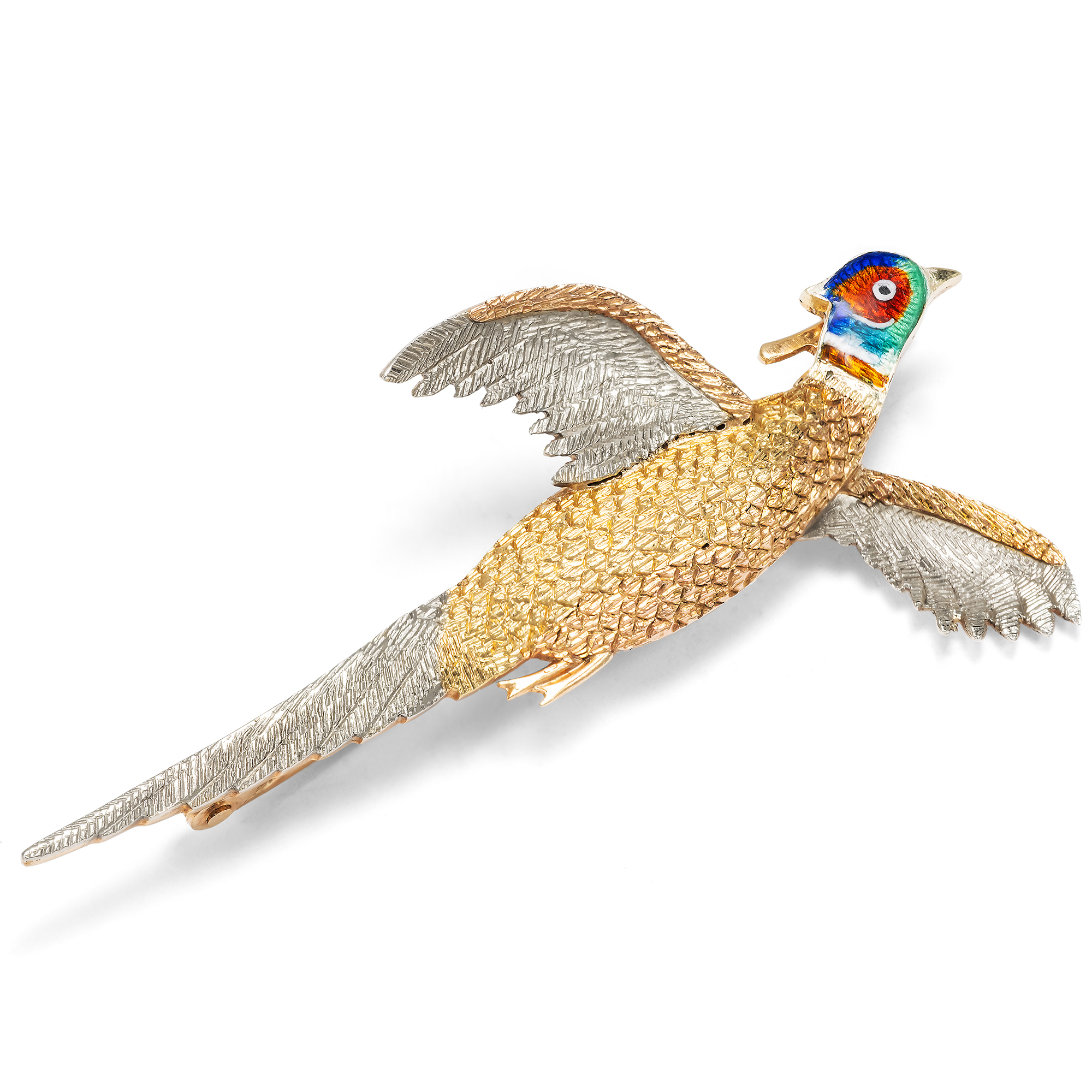 Funny Pheasant Brooch in Tricolor Gold & Enamel, England 1957 Funny Pheasant Brooch in Tricolor Gold & Enamel, England 1957