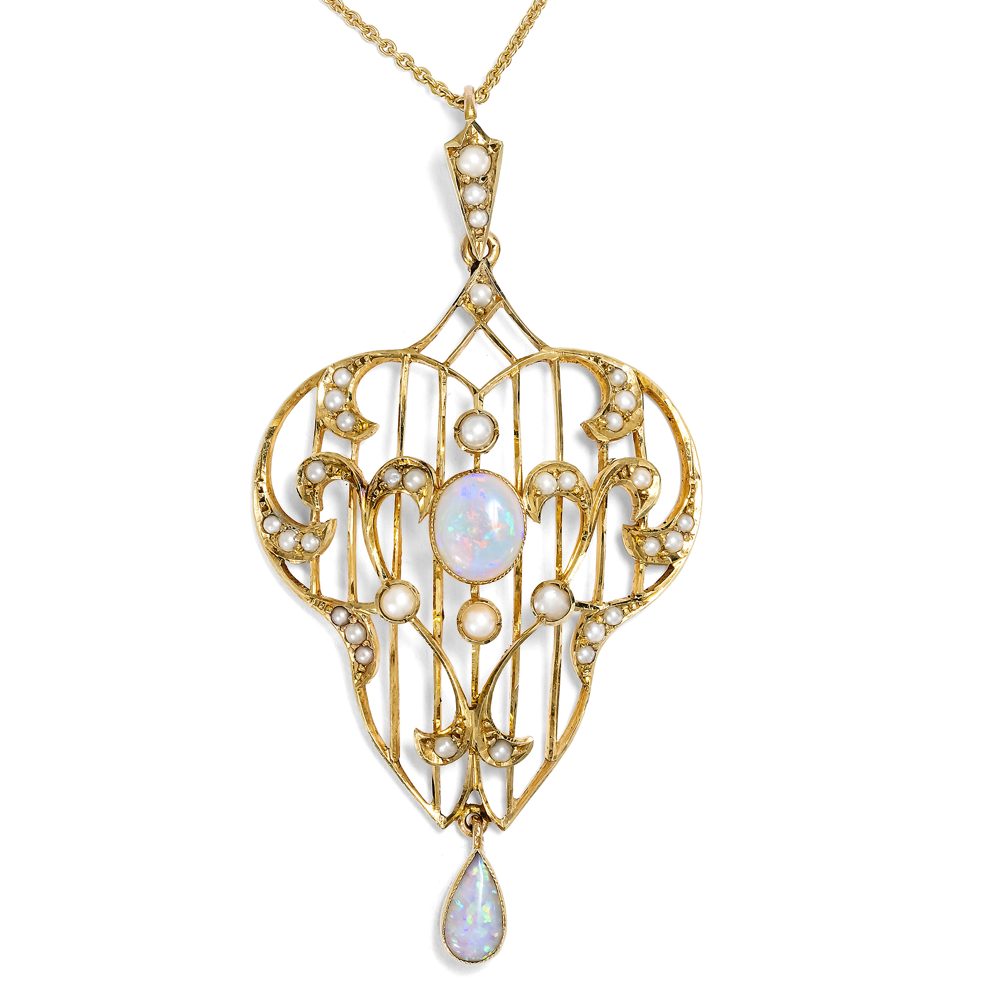 Delikater Anhänger aus Gold, Opalen & Naturperlen, England um 1910 Delikater Anhänger aus Gold, Opalen & Naturperlen, England um 1910