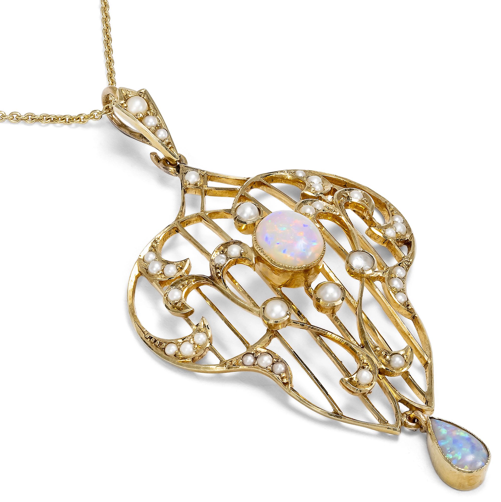 Delikater Anhänger aus Gold, Opalen & Naturperlen, England um 1910 Delikater Anhänger aus Gold, Opalen & Naturperlen, England um 1910
