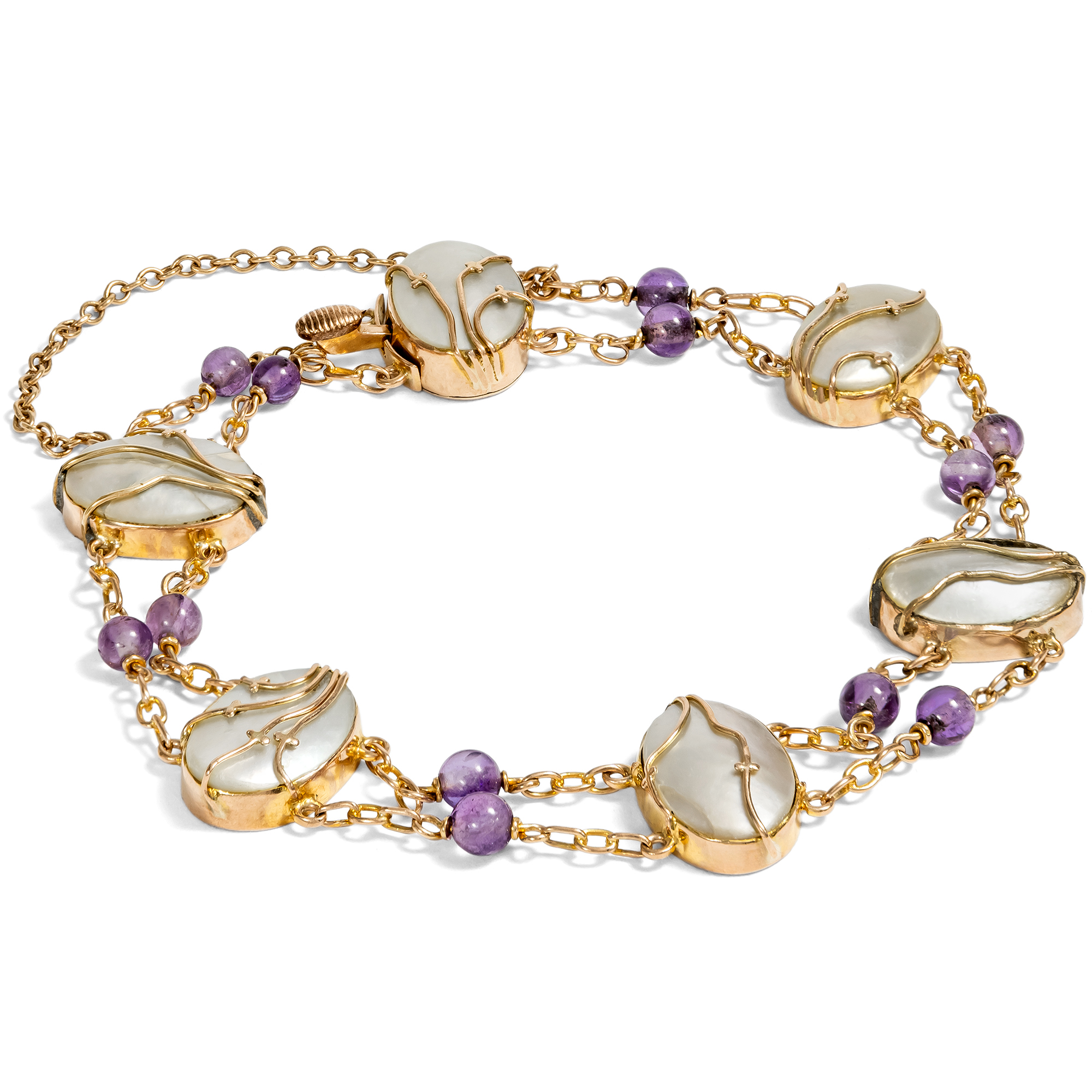 Arts & Crafts Armband mit Perlschalen & Amethysten in Gold, England um 1905 Arts & Crafts Armband mit Perlschalen & Amethysten in Gold, England um 1905