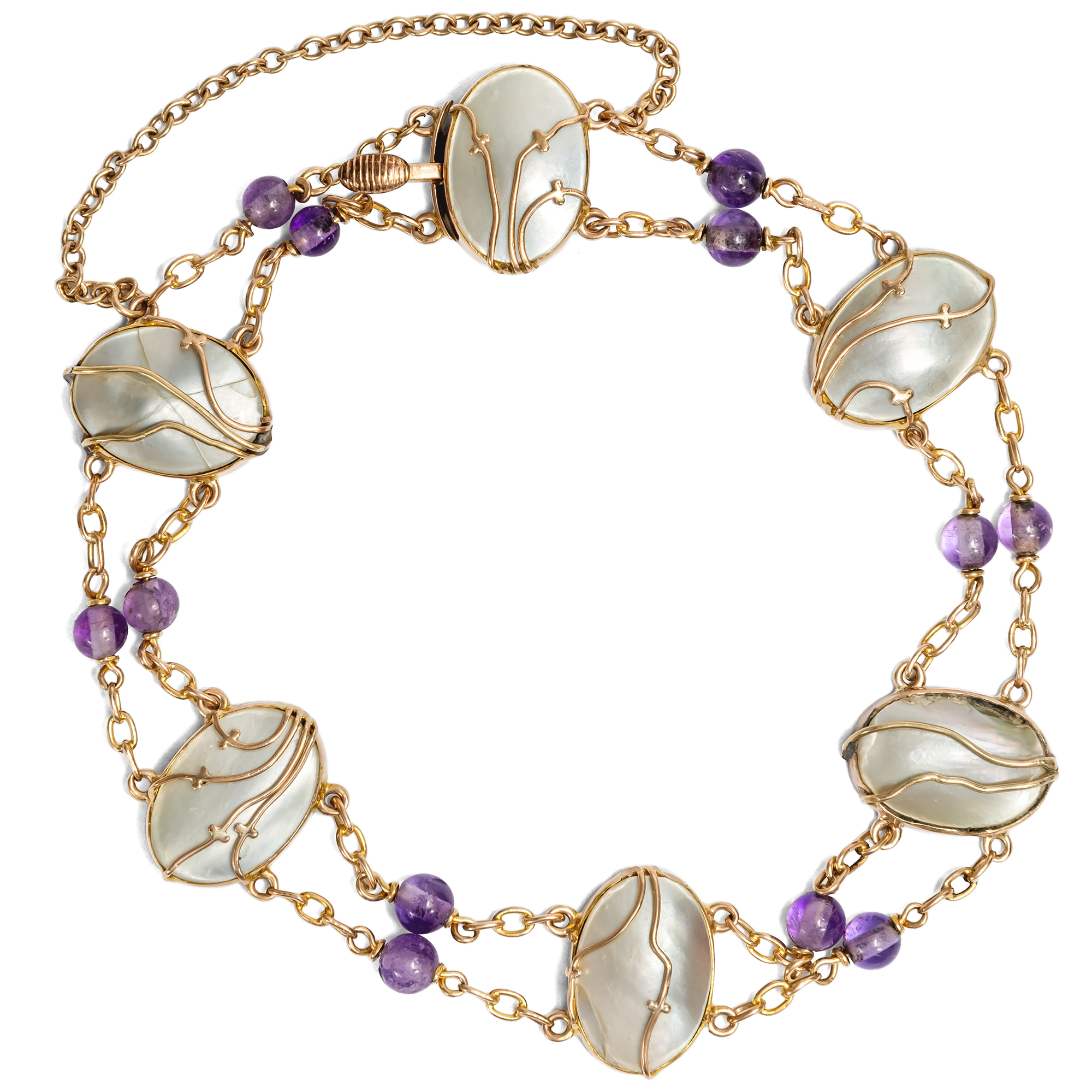 Arts & Crafts Armband mit Perlschalen & Amethysten in Gold, England um 1905 Arts & Crafts Armband mit Perlschalen & Amethysten in Gold, England um 1905