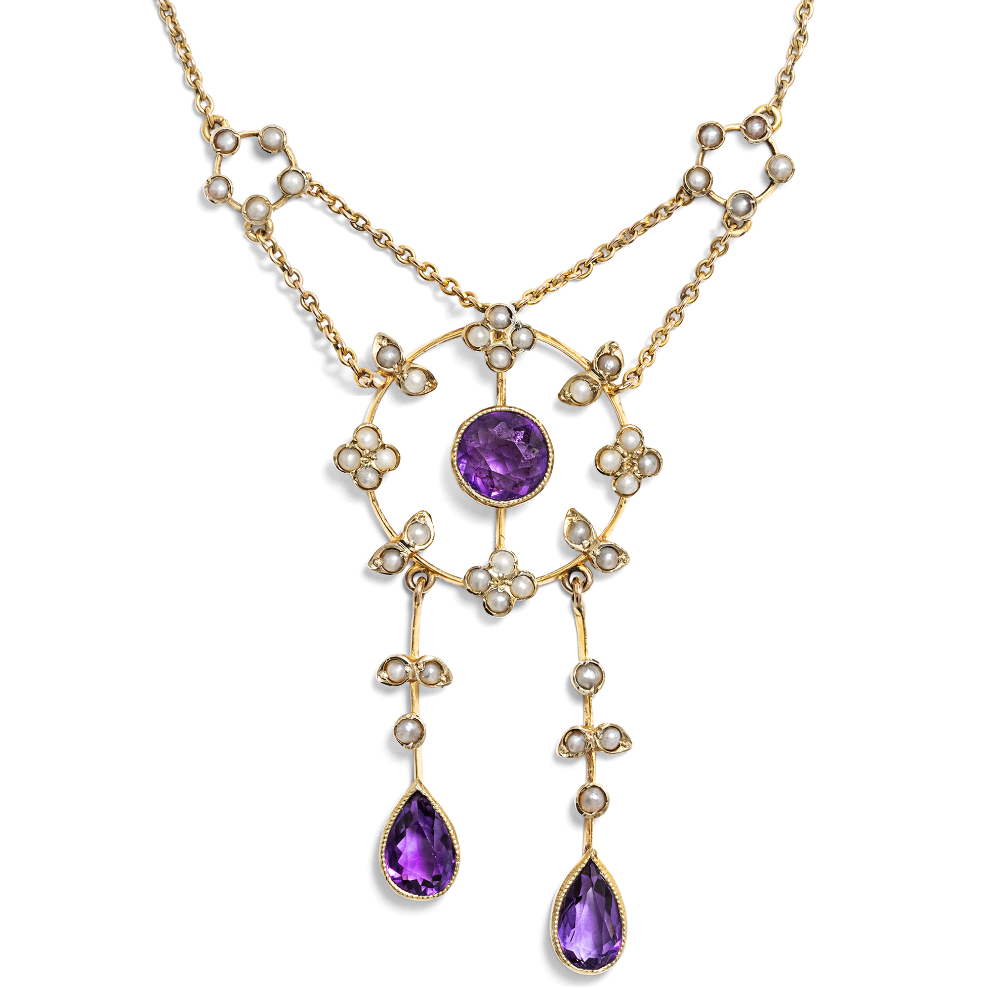 Edwardian Amethyst, Seed Pearl and Gold Necklace, c. 1905 Edwardian Amethyst, Seed Pearl and Gold Necklace, c. 1905