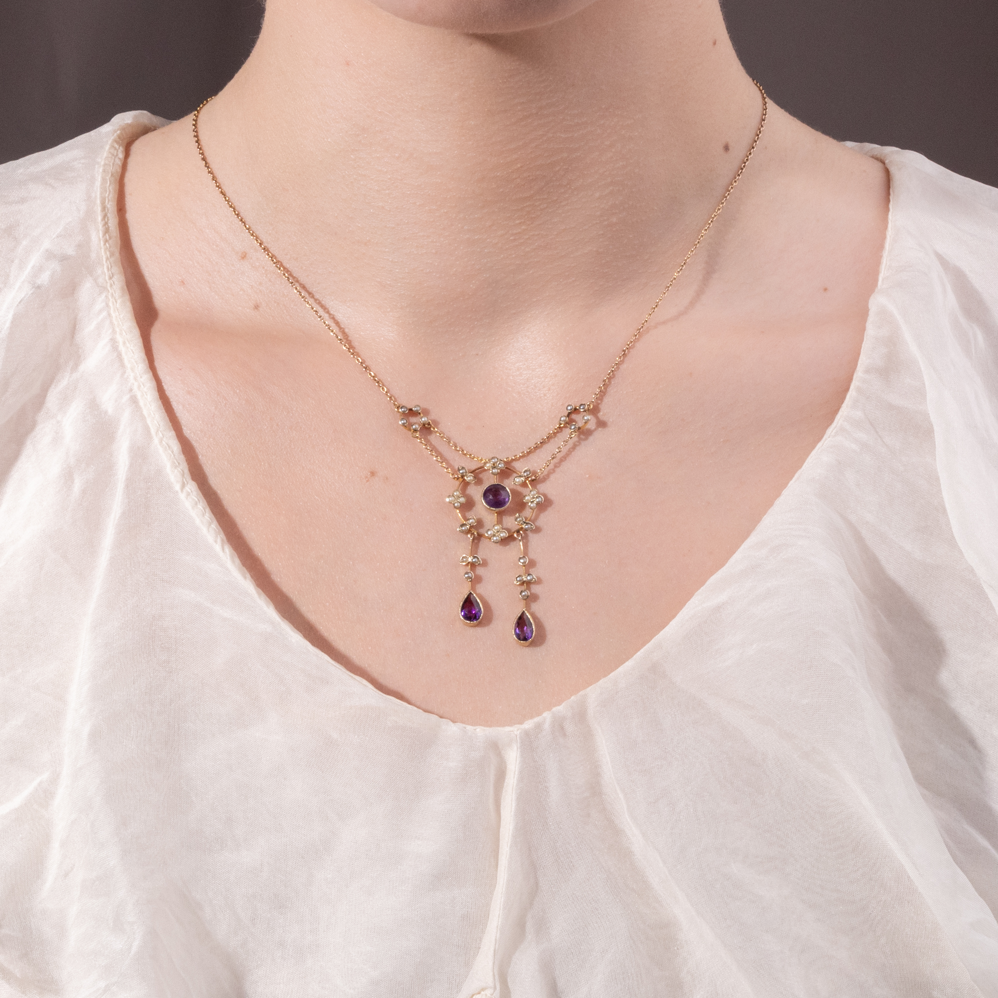 Edwardian Amethyst, Seed Pearl and Gold Necklace, c. 1905 Edwardian Amethyst, Seed Pearl and Gold Necklace, c. 1905