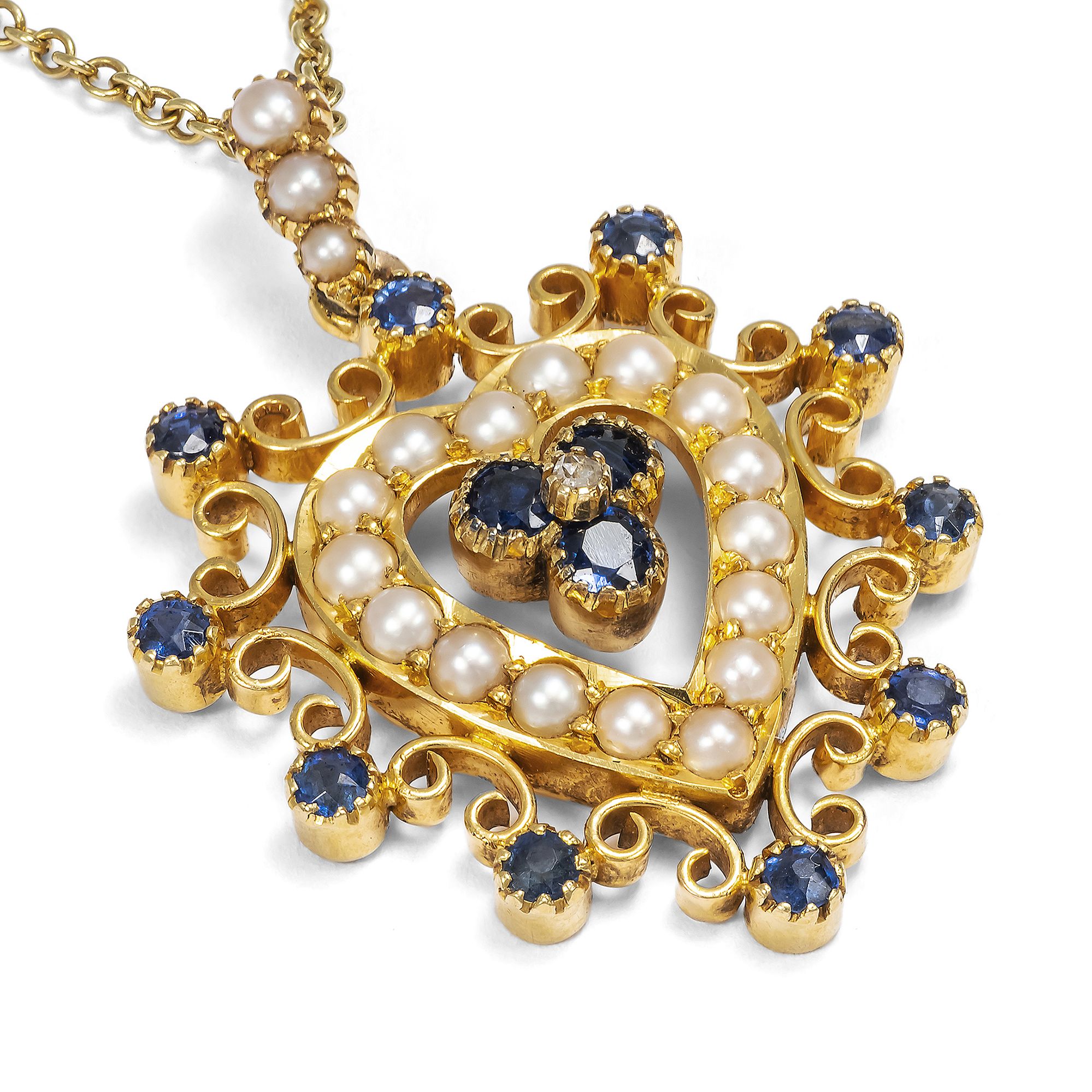 Romantischer Anhänger aus Gold, Saphiren & Perlen, England um 1895 Romantischer Anhänger aus Gold, Saphiren & Perlen, England um 1895