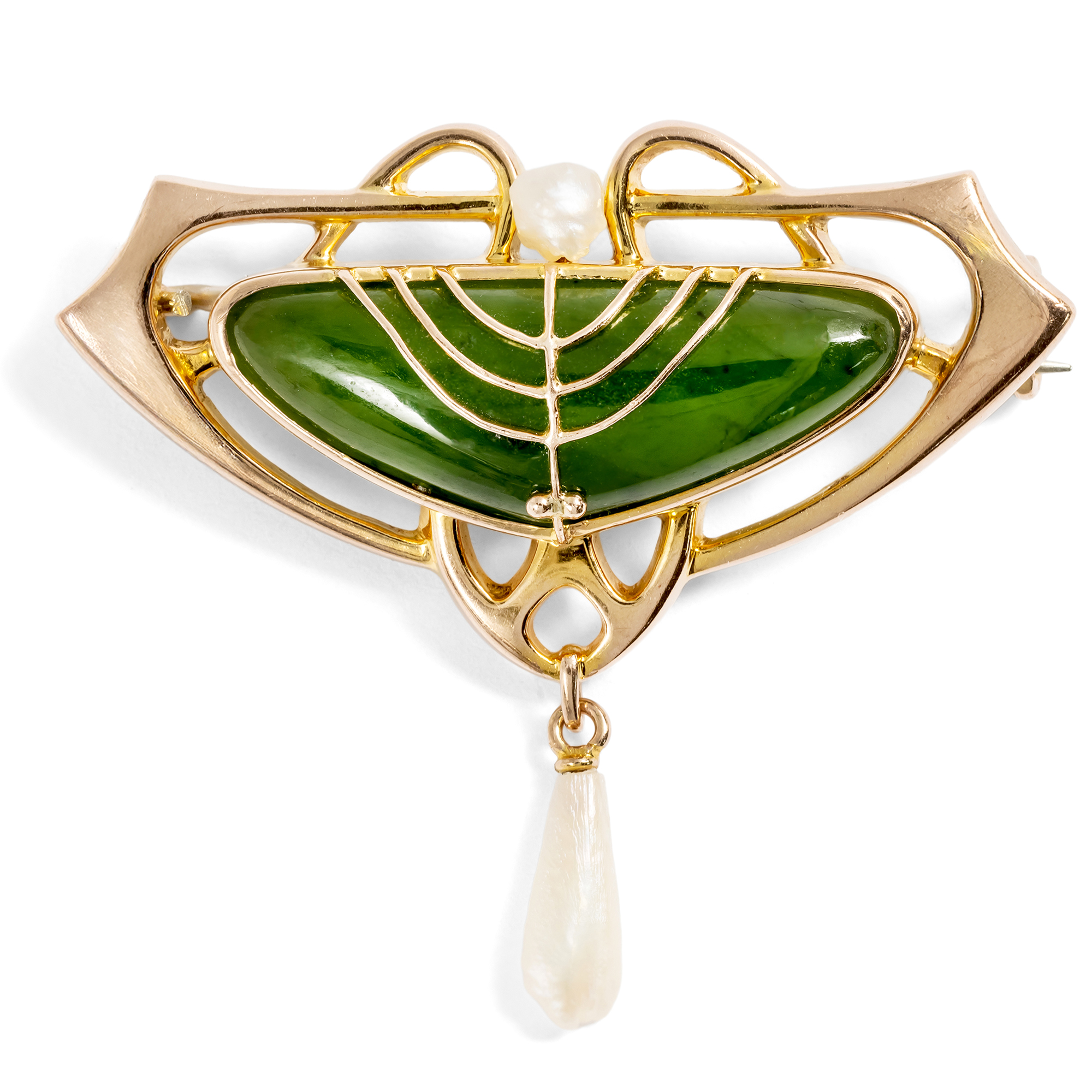 Antique British Gold Brooch with Nephrite & Pearls, Art Nouveau c. 1905 Antique British Gold Brooch with Nephrite & Pearls, Art Nouveau c. 1905
