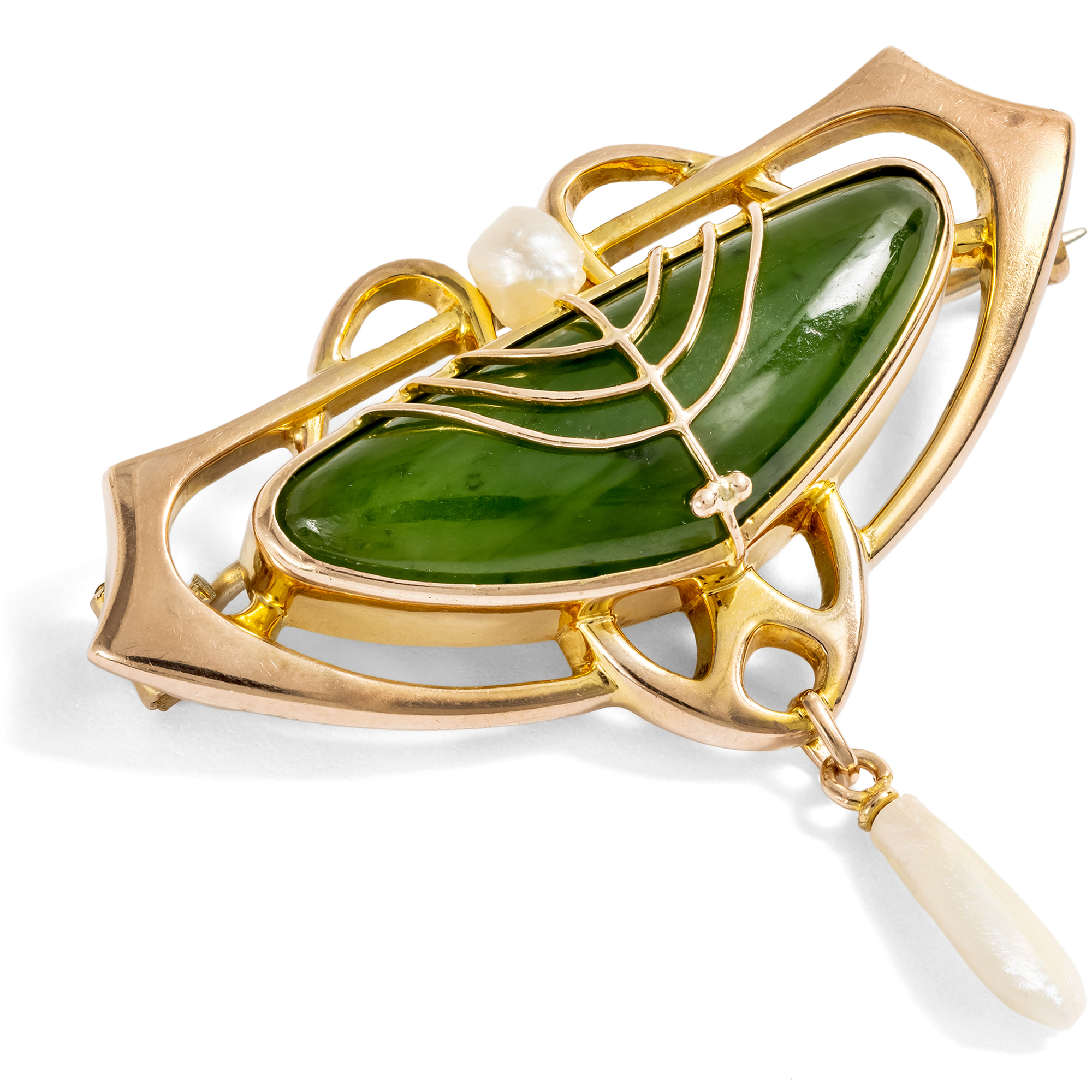 Antique British Gold Brooch with Nephrite & Pearls, Art Nouveau c. 1905 Antique British Gold Brooch with Nephrite & Pearls, Art Nouveau c. 1905