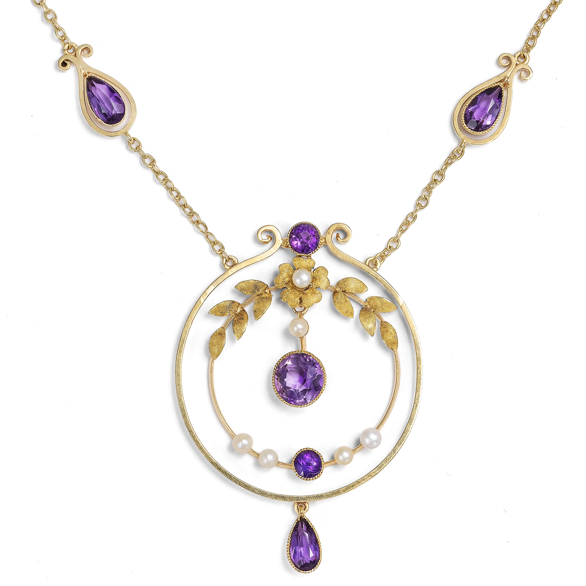 Elegantes Collier mit Amethysten & Perlen in Gold, um 1910 Elegantes Collier mit Amethysten & Perlen in Gold, um 1910