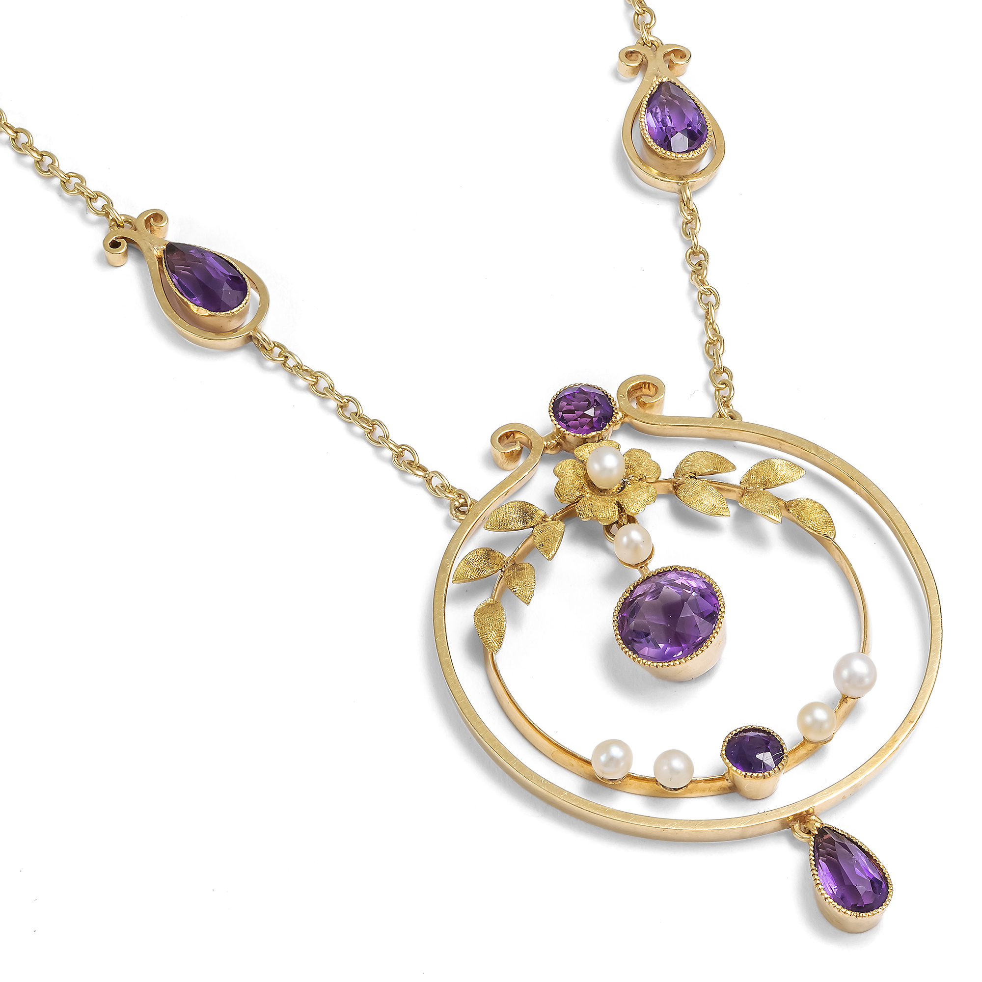 Elegantes Collier mit Amethysten & Perlen in Gold, um 1910 Elegantes Collier mit Amethysten & Perlen in Gold, um 1910