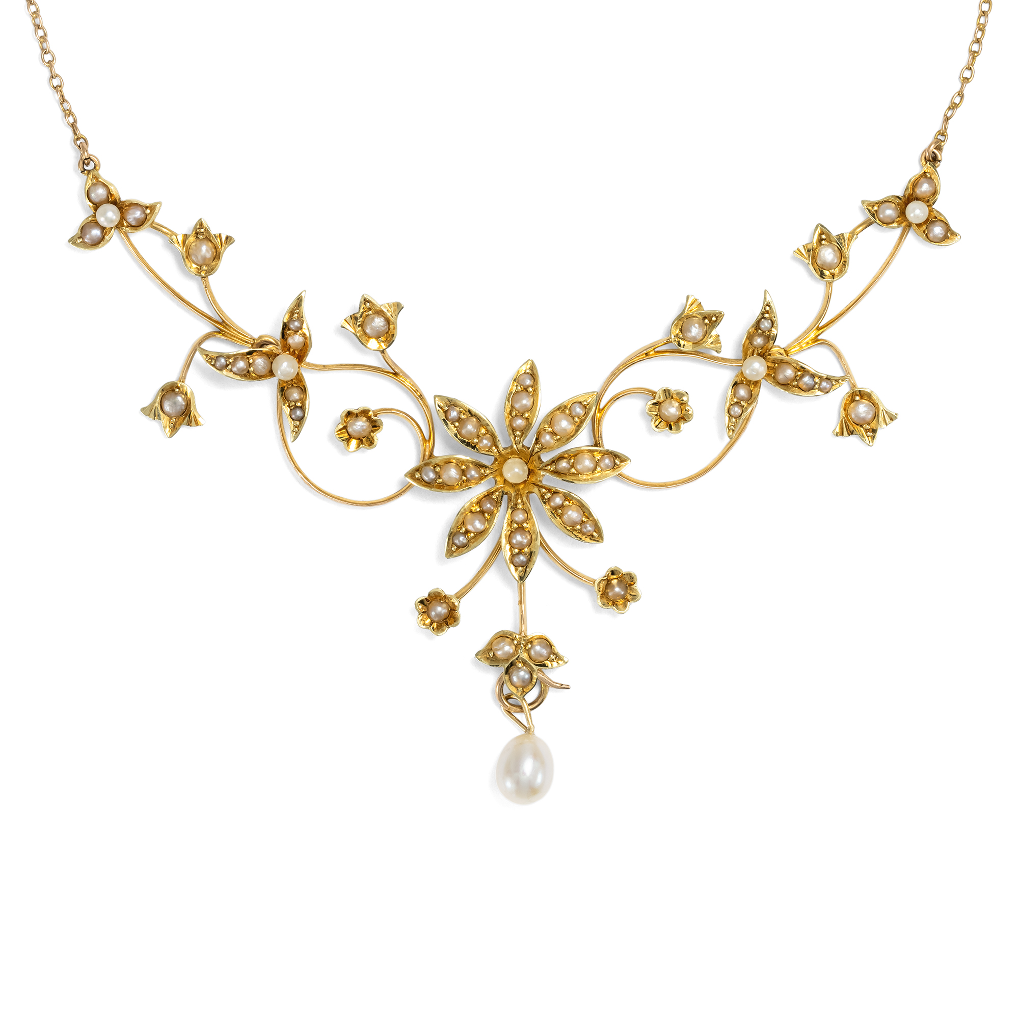 Bezauberndes Collier aus Gold & Naturperlen, England um 1900 Bezauberndes Collier aus Gold & Naturperlen, England um 1900