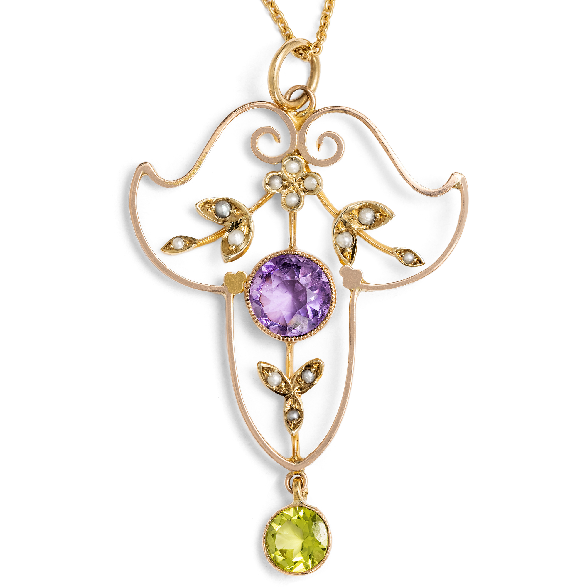 Antique Pendant in the Colours of the Suffragettes With Amethyst, Pearls & Peridot, c. 1910 Antique Pendant in the Colours of the Suffragettes With Amethyst, Pearls & Peridot, c. 1910