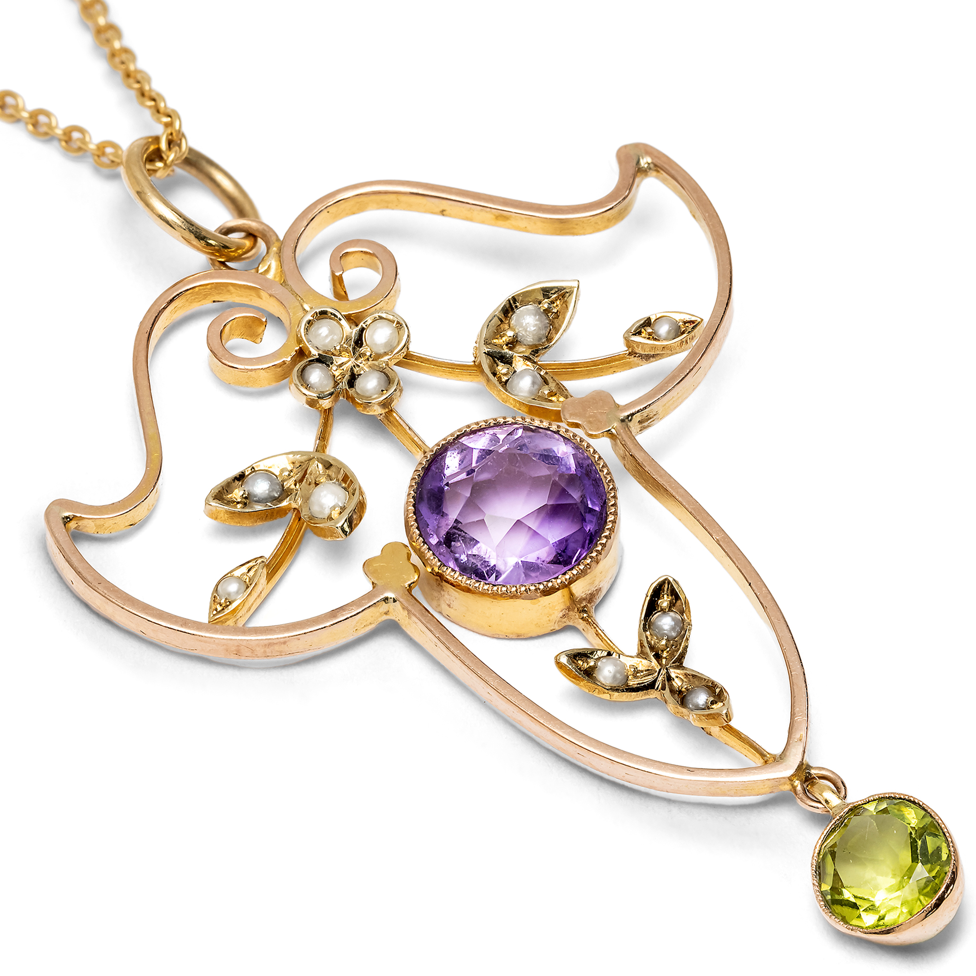 Antique Pendant in the Colours of the Suffragettes With Amethyst, Pearls & Peridot, c. 1910 Antique Pendant in the Colours of the Suffragettes With Amethyst, Pearls & Peridot, c. 1910