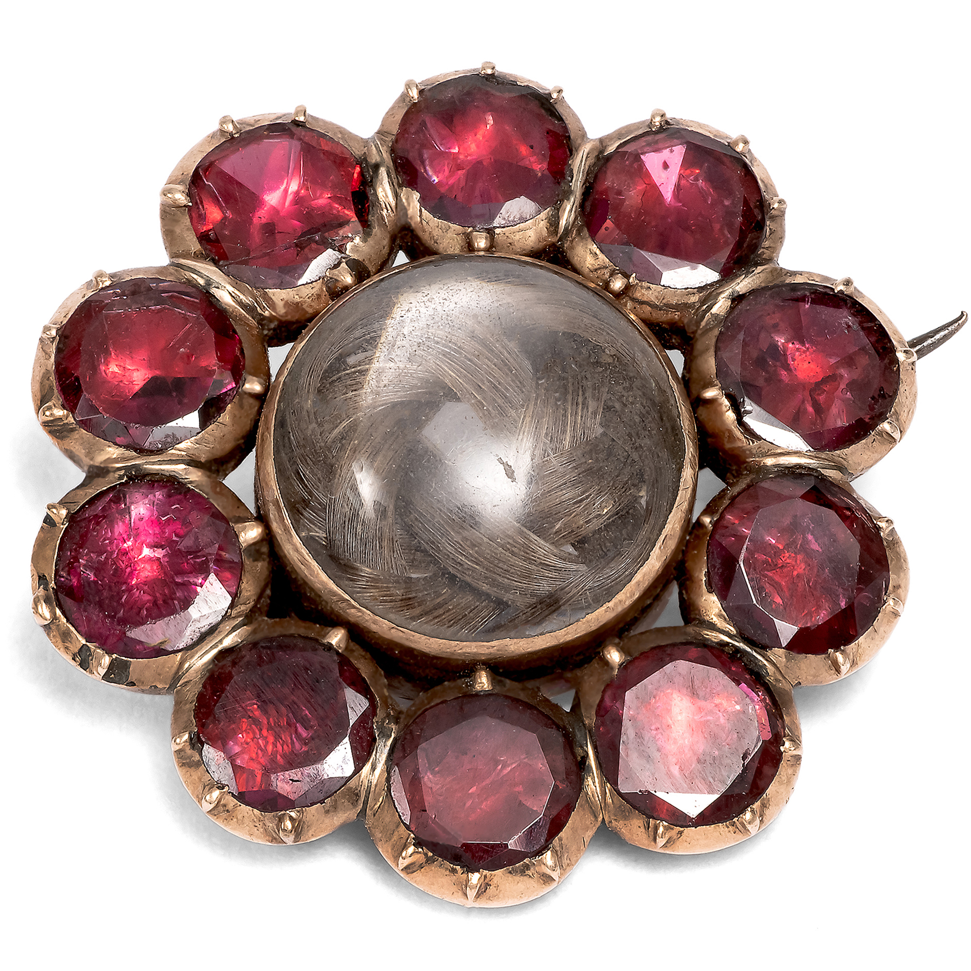 Antike Brosche mit Haarlocke und foliierten Granaten, um 1820 Antike Brosche mit Haarlocke und foliierten Granaten, um 1820
