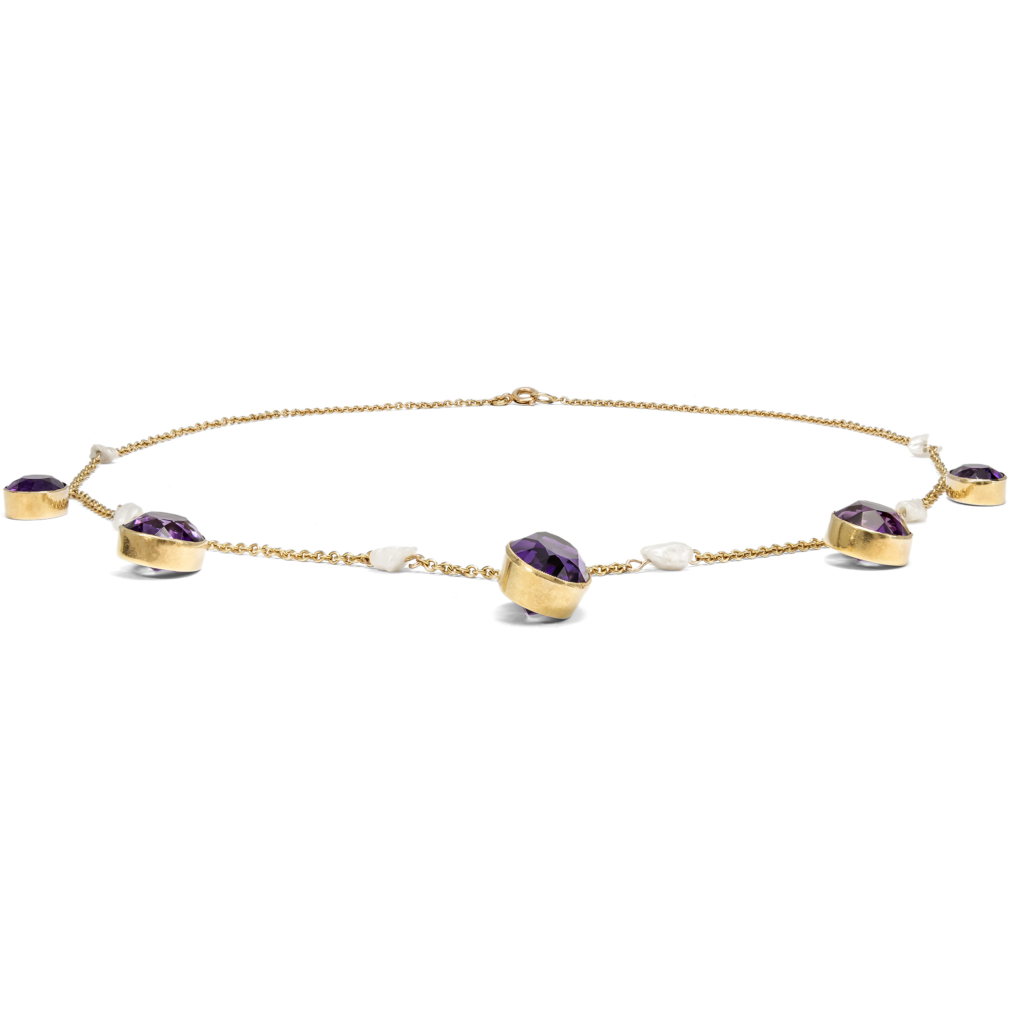 Elegantes antikes Collier mit Amethysten & Flussperlen in Gold, Großbritannien um 1905 Elegantes antikes Collier mit Amethysten & Flussperlen in Gold, Großbritannien um 1905