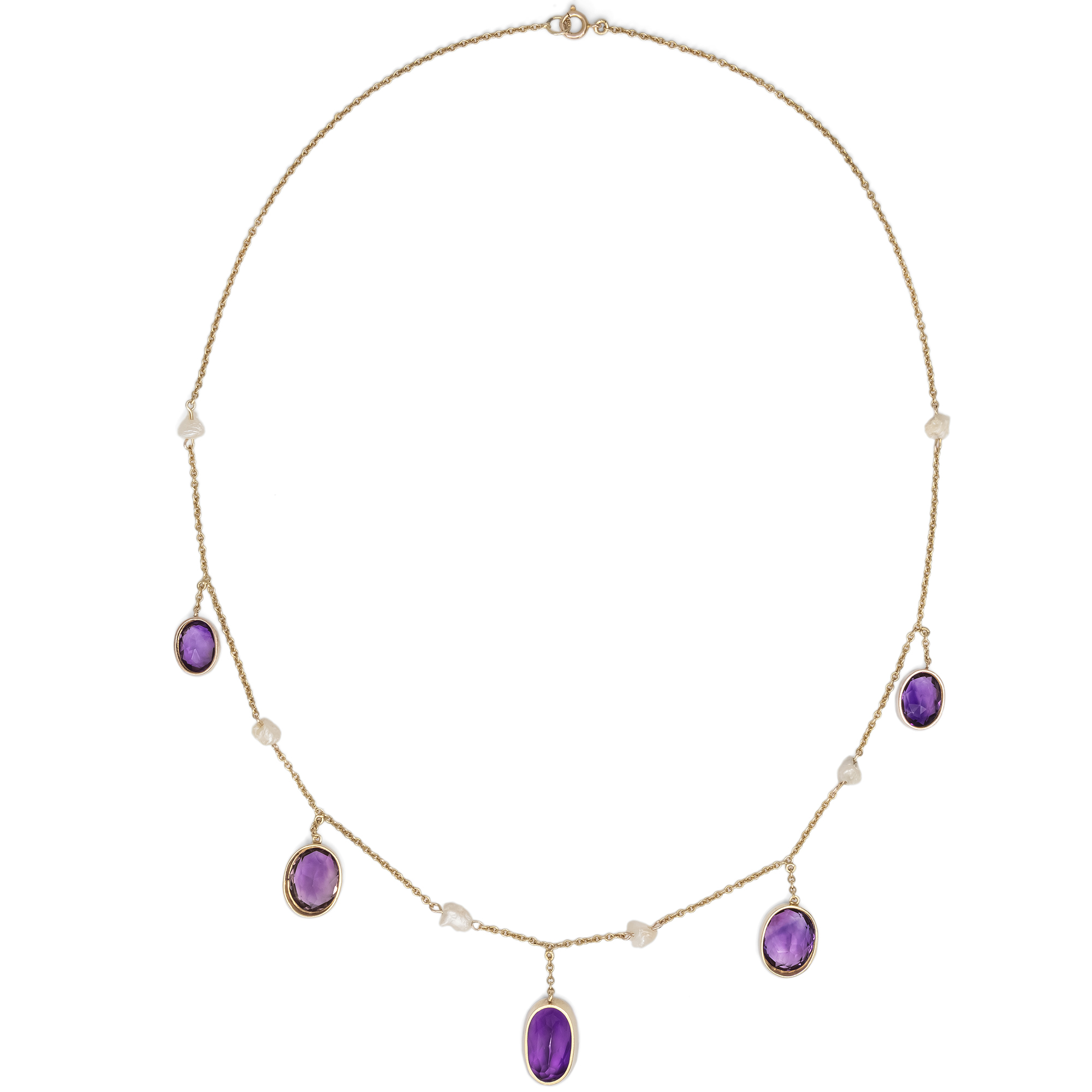 Elegantes antikes Collier mit Amethysten & Flussperlen in Gold, Großbritannien um 1905 Elegantes antikes Collier mit Amethysten & Flussperlen in Gold, Großbritannien um 1905