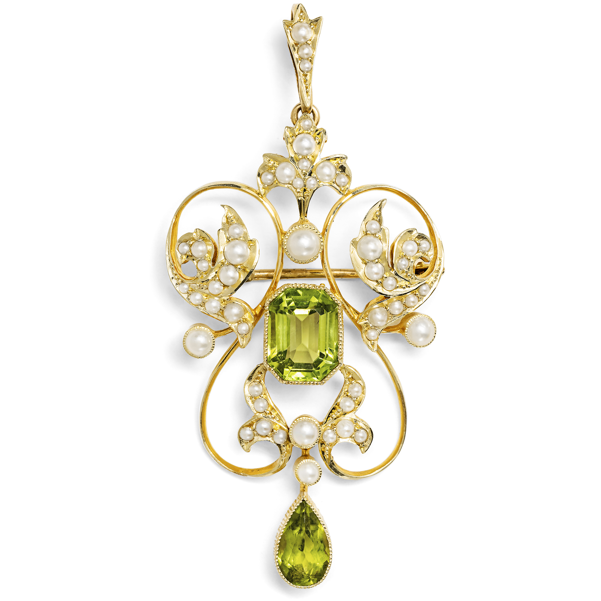 Elegante Anhänger-Brosche mit Peridoten & Perlen in Gold, Großbritannien um 1905 Elegante Anhänger-Brosche mit Peridoten & Perlen in Gold, Großbritannien um 1905