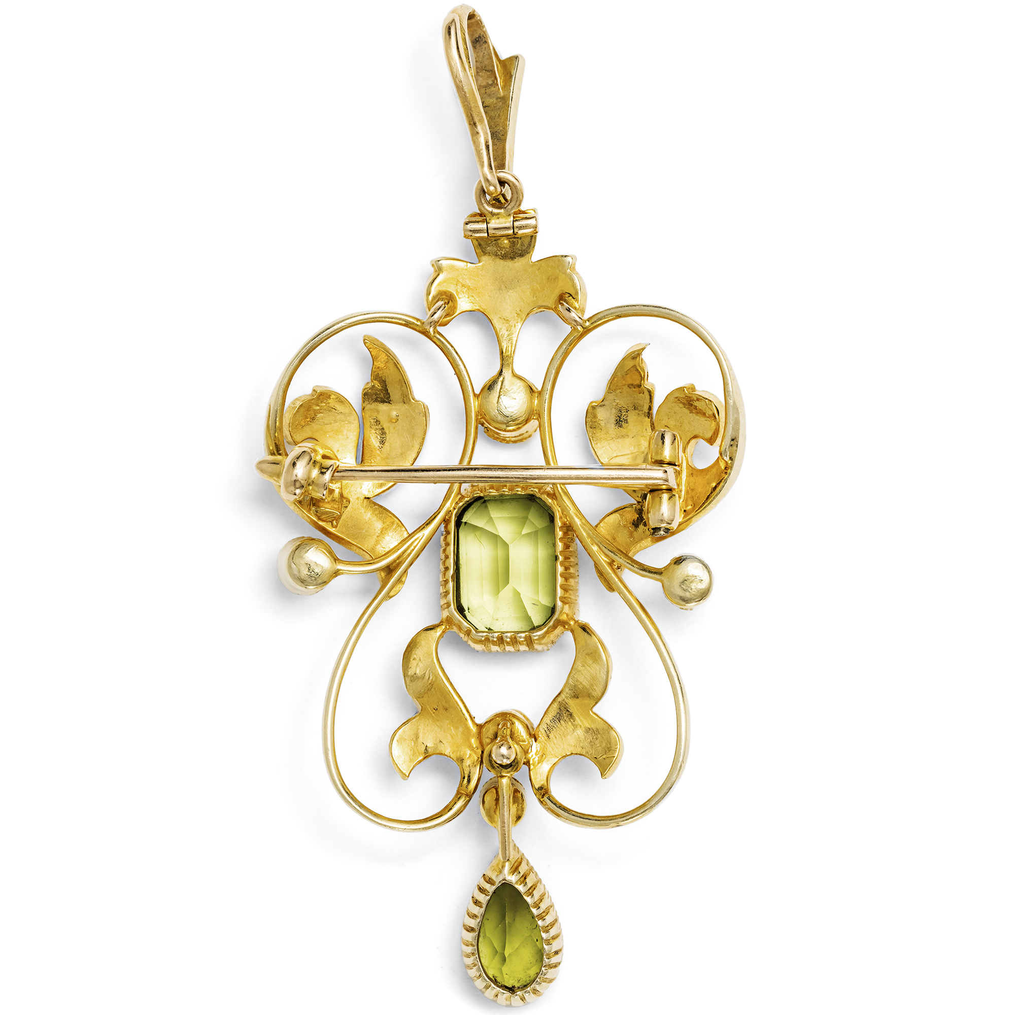 Elegante Anhänger-Brosche mit Peridoten & Perlen in Gold, Großbritannien um 1905 Elegante Anhänger-Brosche mit Peridoten & Perlen in Gold, Großbritannien um 1905