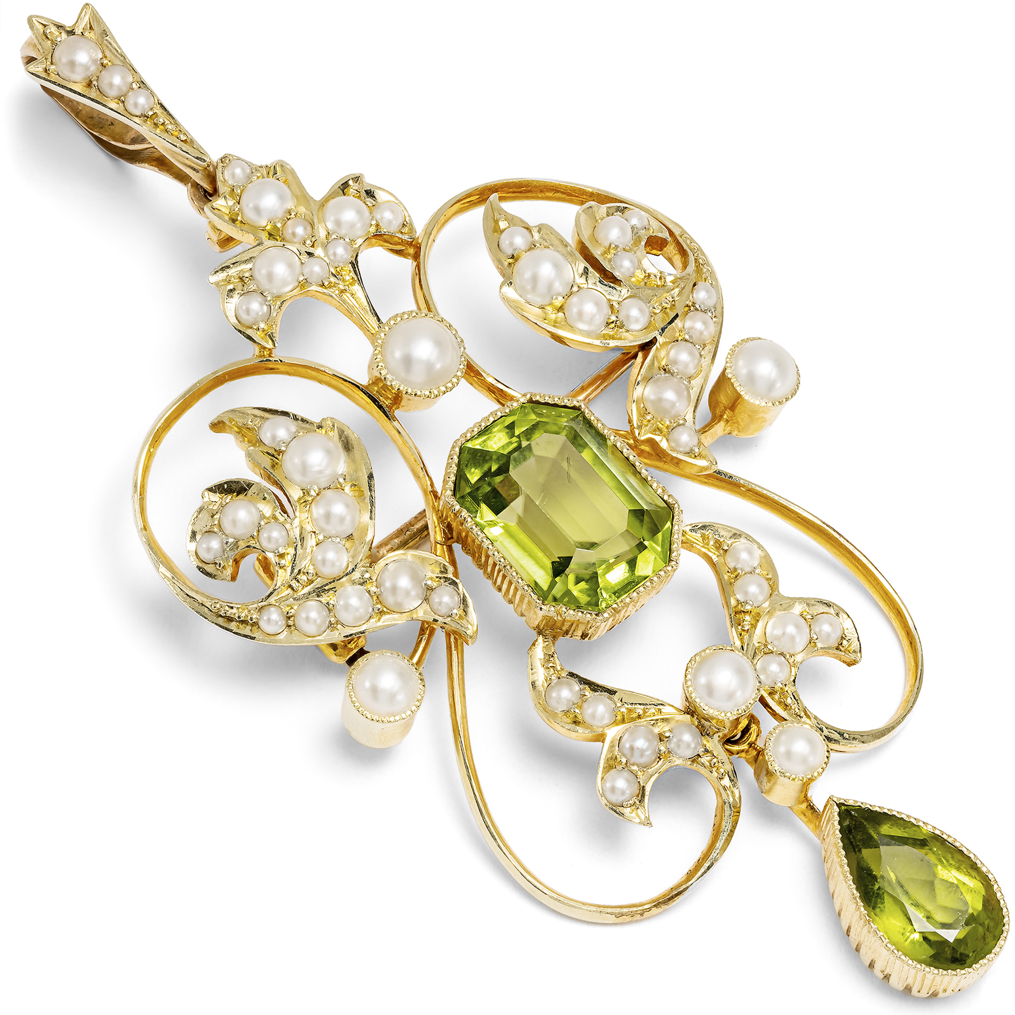 Elegante Anhänger-Brosche mit Peridoten & Perlen in Gold, Großbritannien um 1905 Elegante Anhänger-Brosche mit Peridoten & Perlen in Gold, Großbritannien um 1905