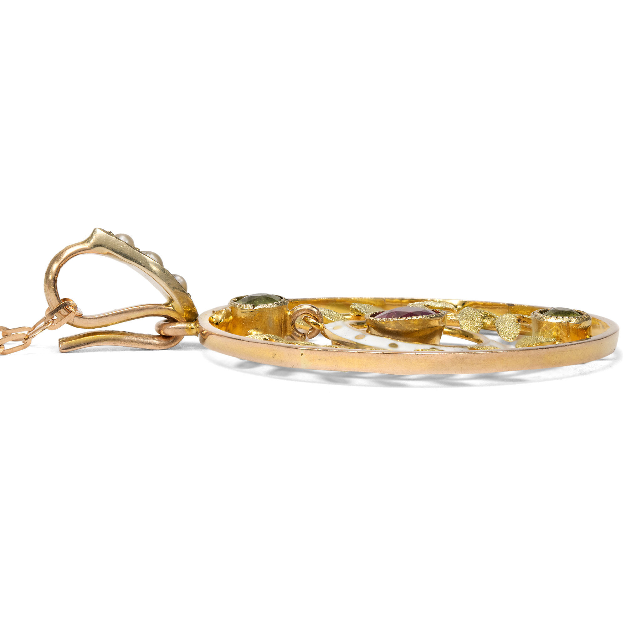 Elegantes Collier mit synthetischem Rubin, Peridot & Perlen in Gold, um 1910 Elegantes Collier mit synthetischem Rubin, Peridot & Perlen in Gold, um 1910