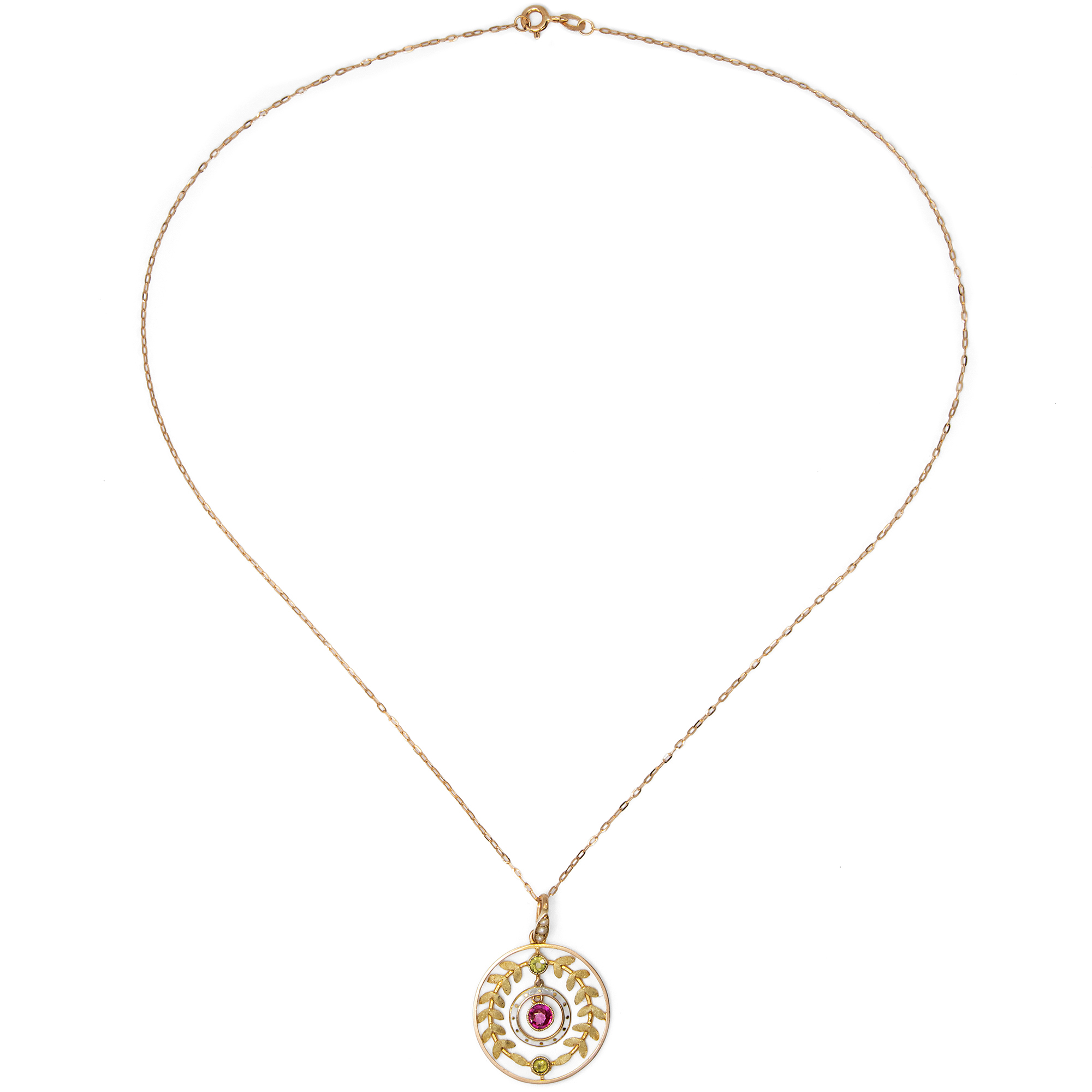 Elegantes Collier mit synthetischem Rubin, Peridot & Perlen in Gold, um 1910 Elegantes Collier mit synthetischem Rubin, Peridot & Perlen in Gold, um 1910
