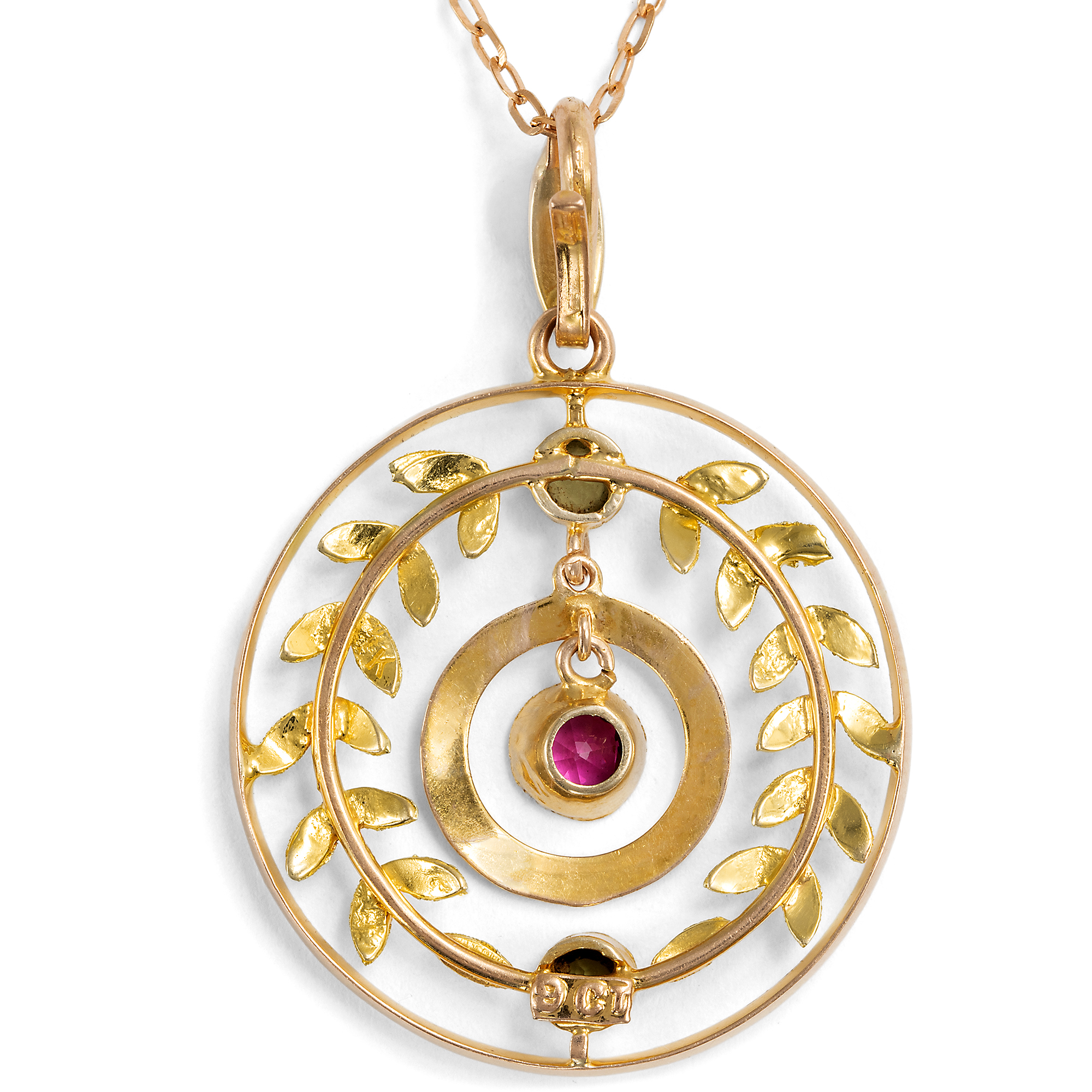 Elegantes Collier mit synthetischem Rubin, Peridot & Perlen in Gold, um 1910 Elegantes Collier mit synthetischem Rubin, Peridot & Perlen in Gold, um 1910