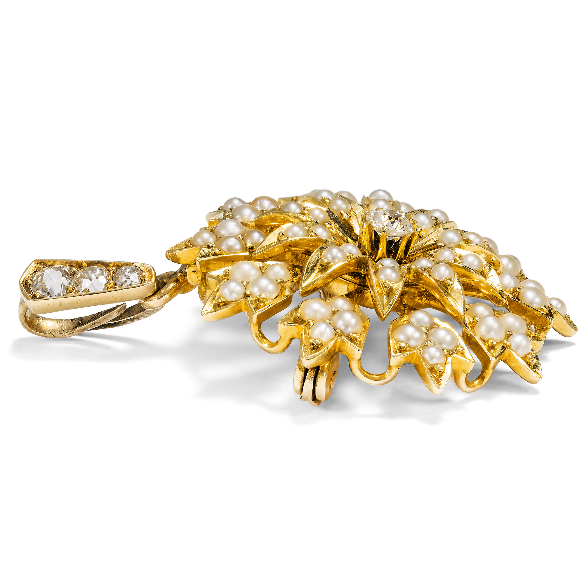 Viktorianische Anhänger-Brosche mit Perlen & Diamanten in Gold, um 1900 Viktorianische Anhänger-Brosche mit Perlen & Diamanten in Gold, um 1900