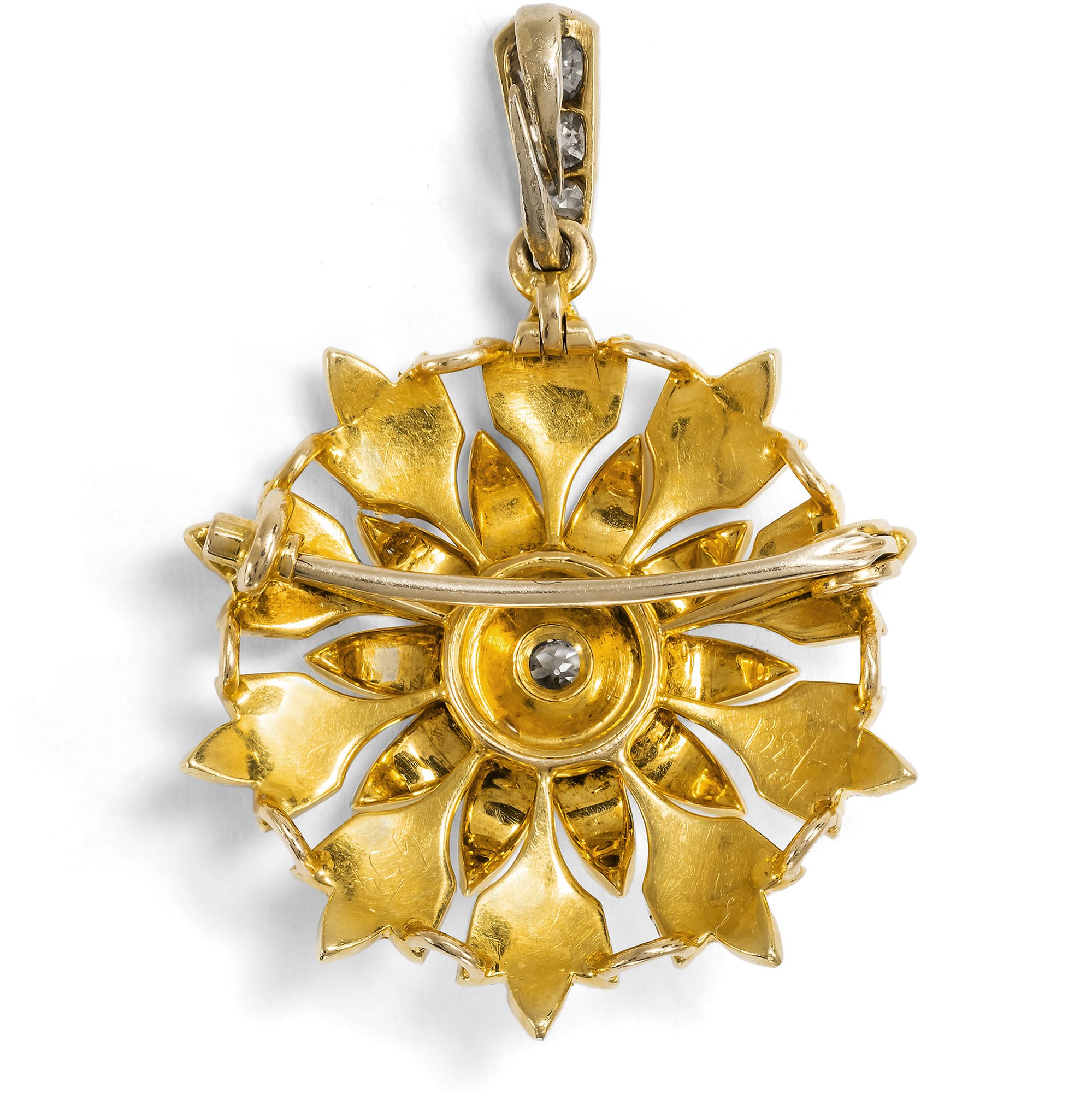 Viktorianische Anhänger-Brosche mit Perlen & Diamanten in Gold, um 1900 Viktorianische Anhänger-Brosche mit Perlen & Diamanten in Gold, um 1900