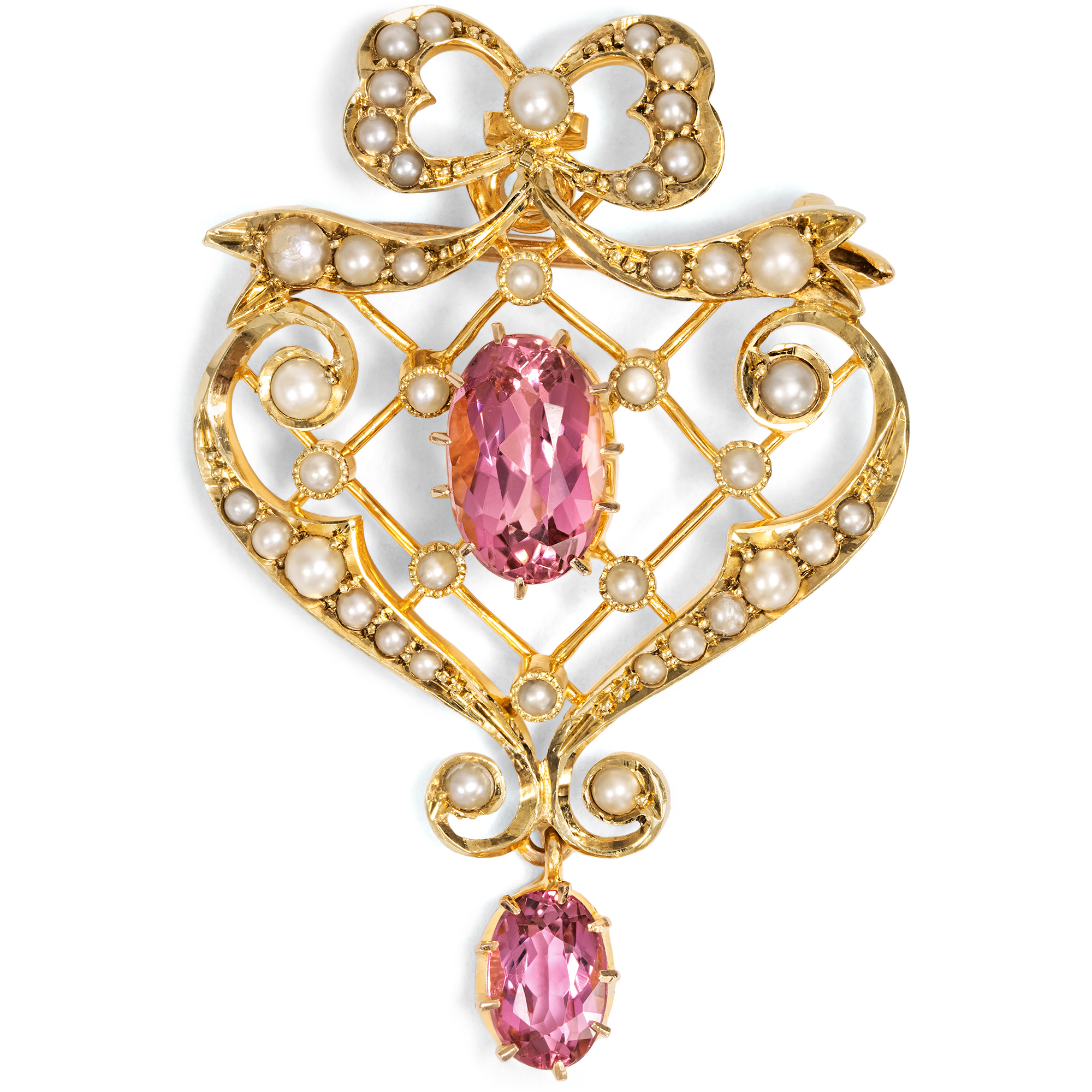 Antique Gold Brooch with Pink Tourmalines & Pearls, Great Britain c. 1905 Antique Gold Brooch with Pink Tourmalines & Pearls, Great Britain c. 1905